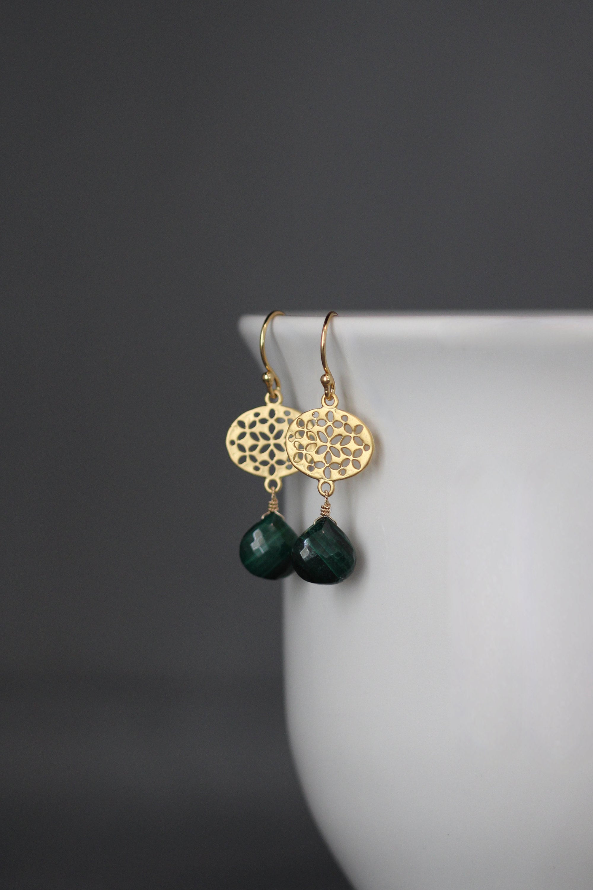 Malachite Teardrop Earrings on Gold Vermeil Filigree Links