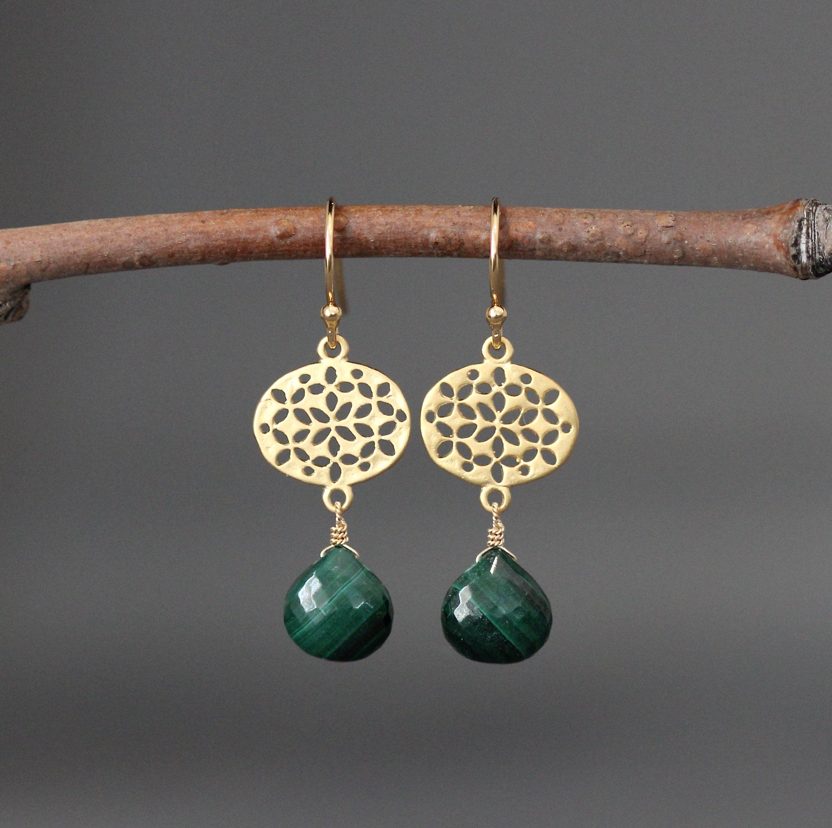 Malachite Teardrop Earrings on Gold Vermeil Filigree Links