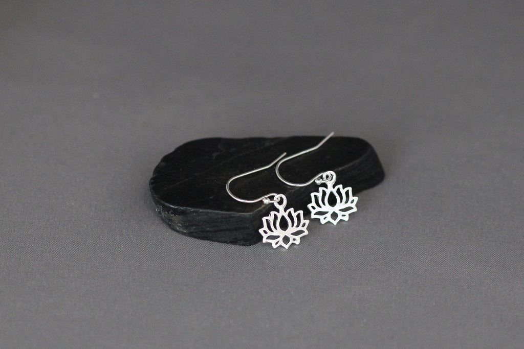 Silver Lotus Flower Charm Dangle Earrings