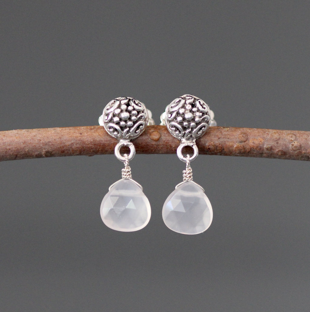 Pink Chalcedony Teardrop Earrings on Bali Sterling Silver Posts
