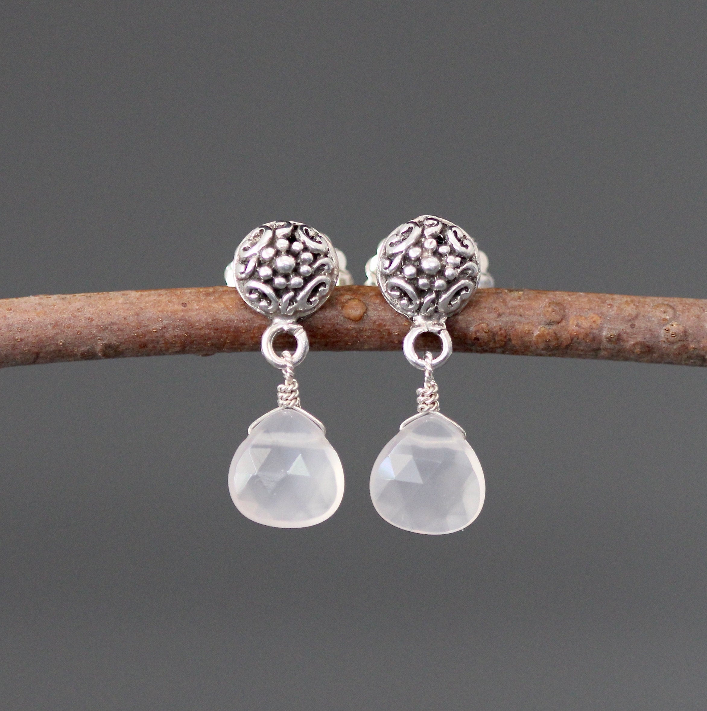 Pink Chalcedony Teardrop Earrings on Bali Sterling Silver Posts