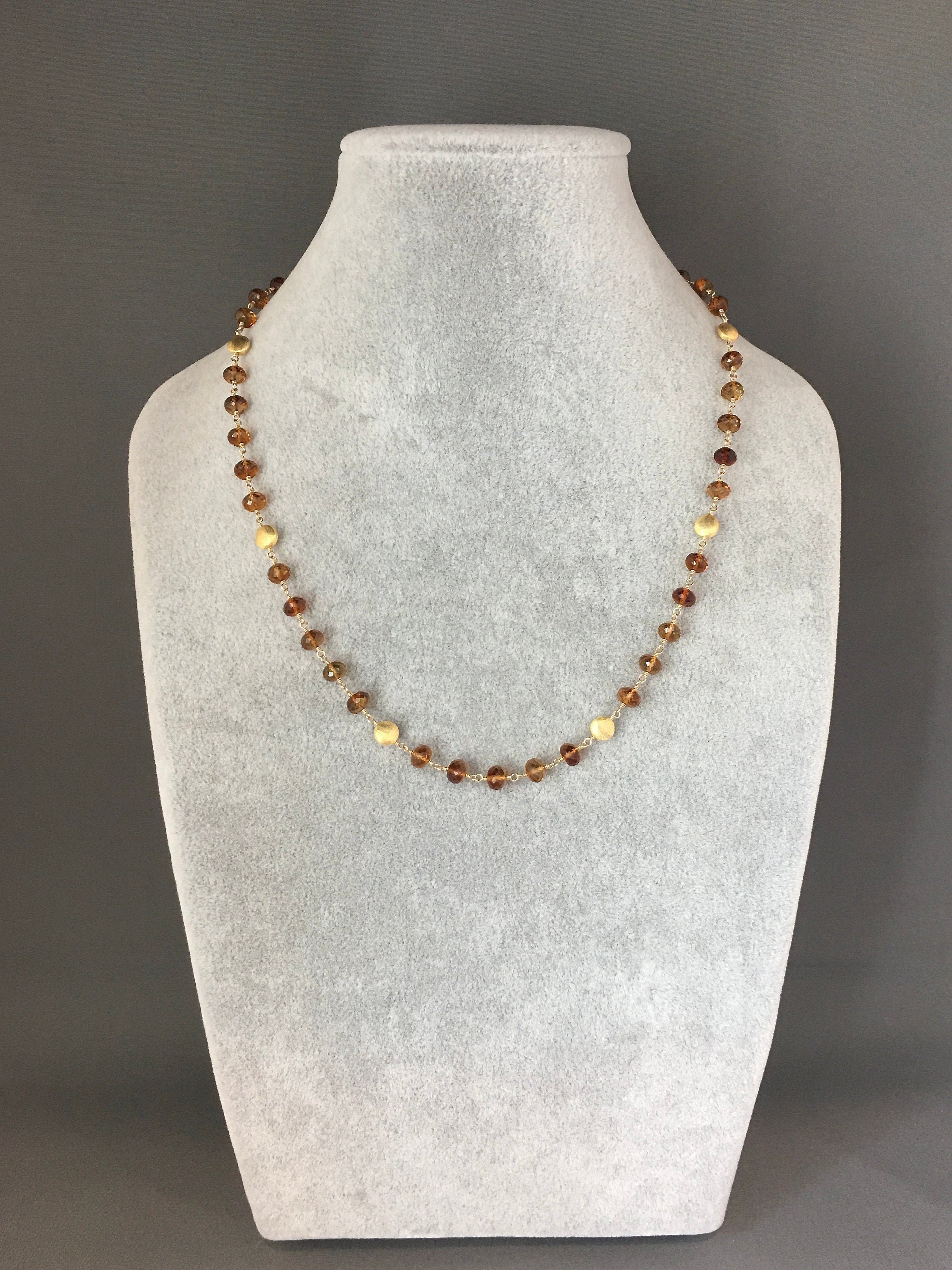Yellow Tourmaline and Gold Filled Beaded Necklace with Brushed Gold Vermeil Accents