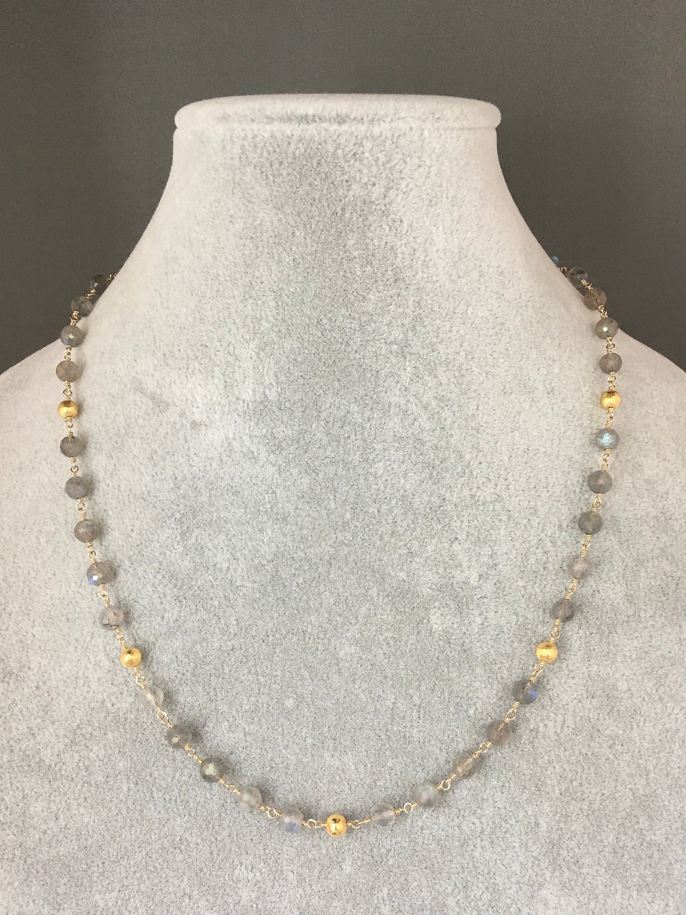 Labradorite and Gold Filled Beaded Necklace with Brushed Gold Vermeil Accents