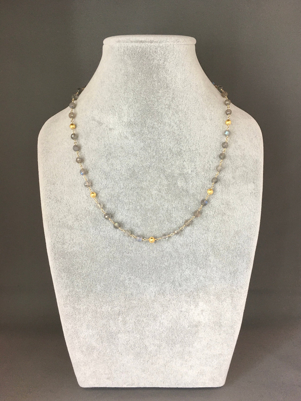 Labradorite and Gold Filled Beaded Necklace with Brushed Gold Vermeil Accents
