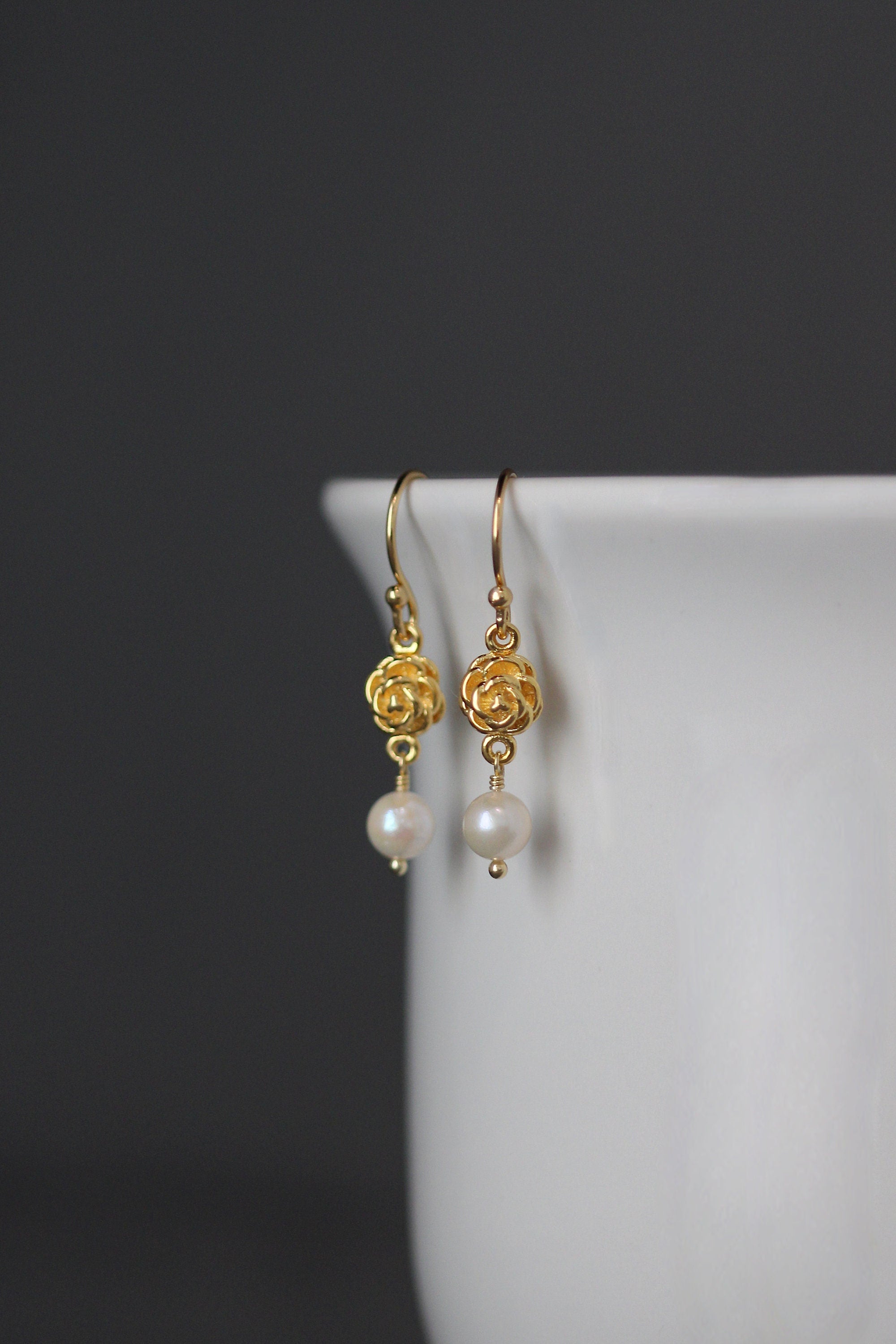 Akoya Pearl and Gold Vermeil Rosebud Dangle Earrings