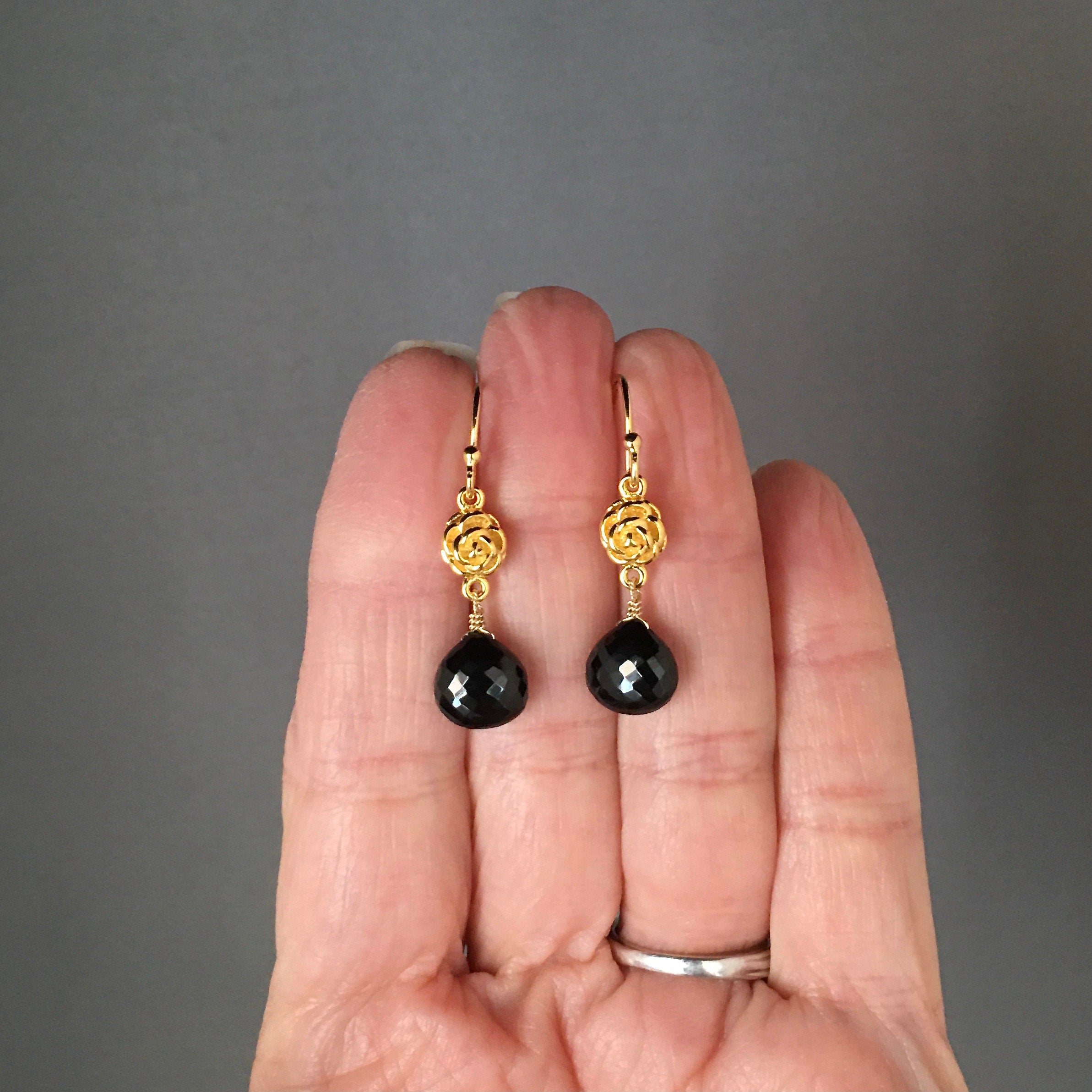 Black Spinel Teardrop Earrings on Gold Vermeil Rosebud Links