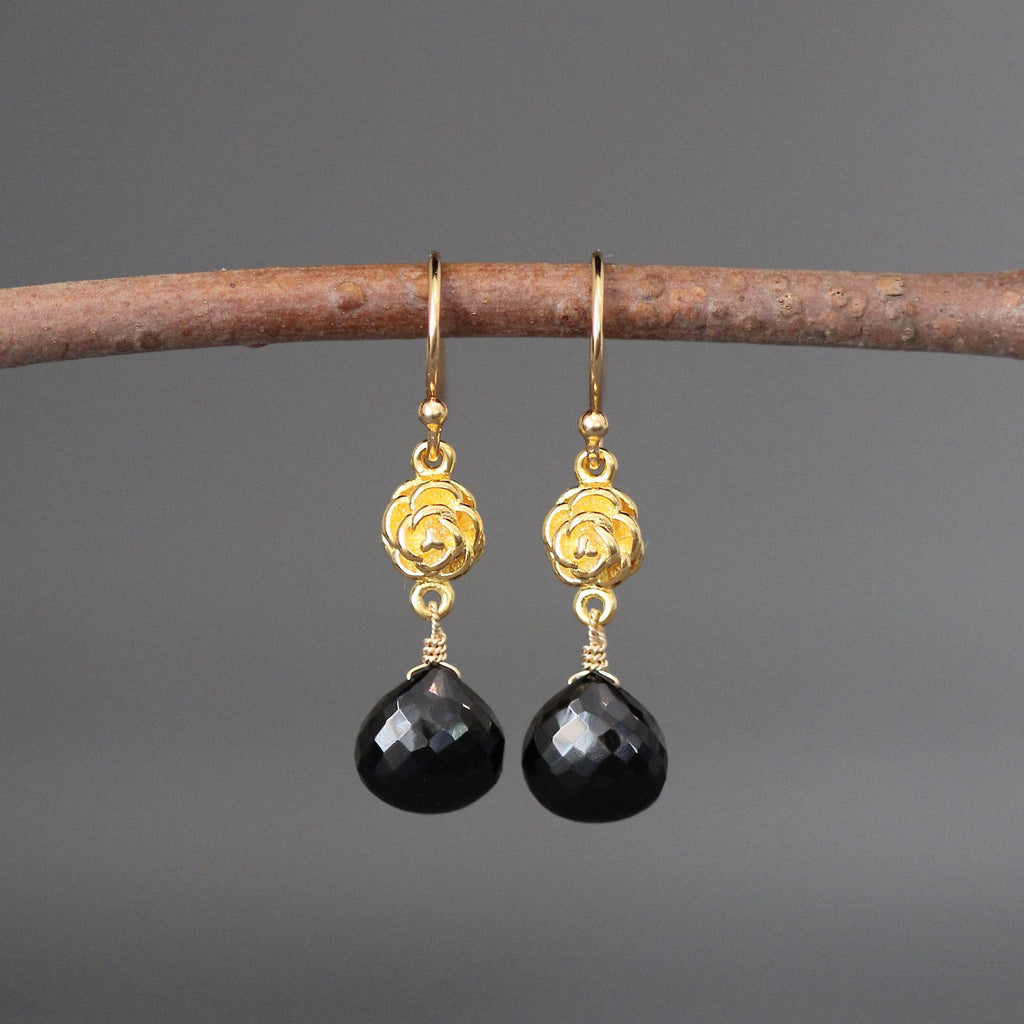 Black Spinel Teardrop Earrings on Gold Vermeil Rosebud Links