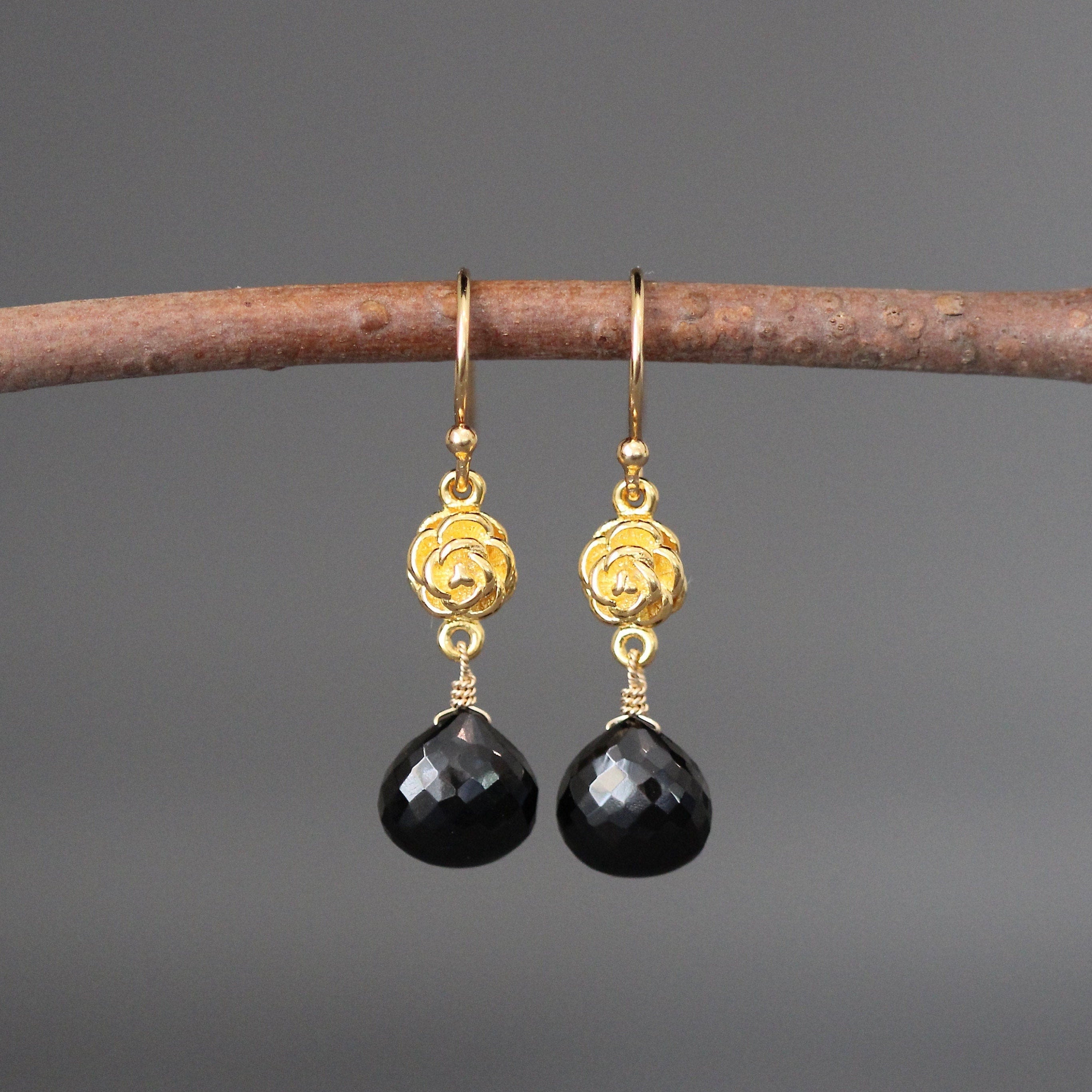 Black Spinel Teardrop Earrings on Gold Vermeil Rosebud Links