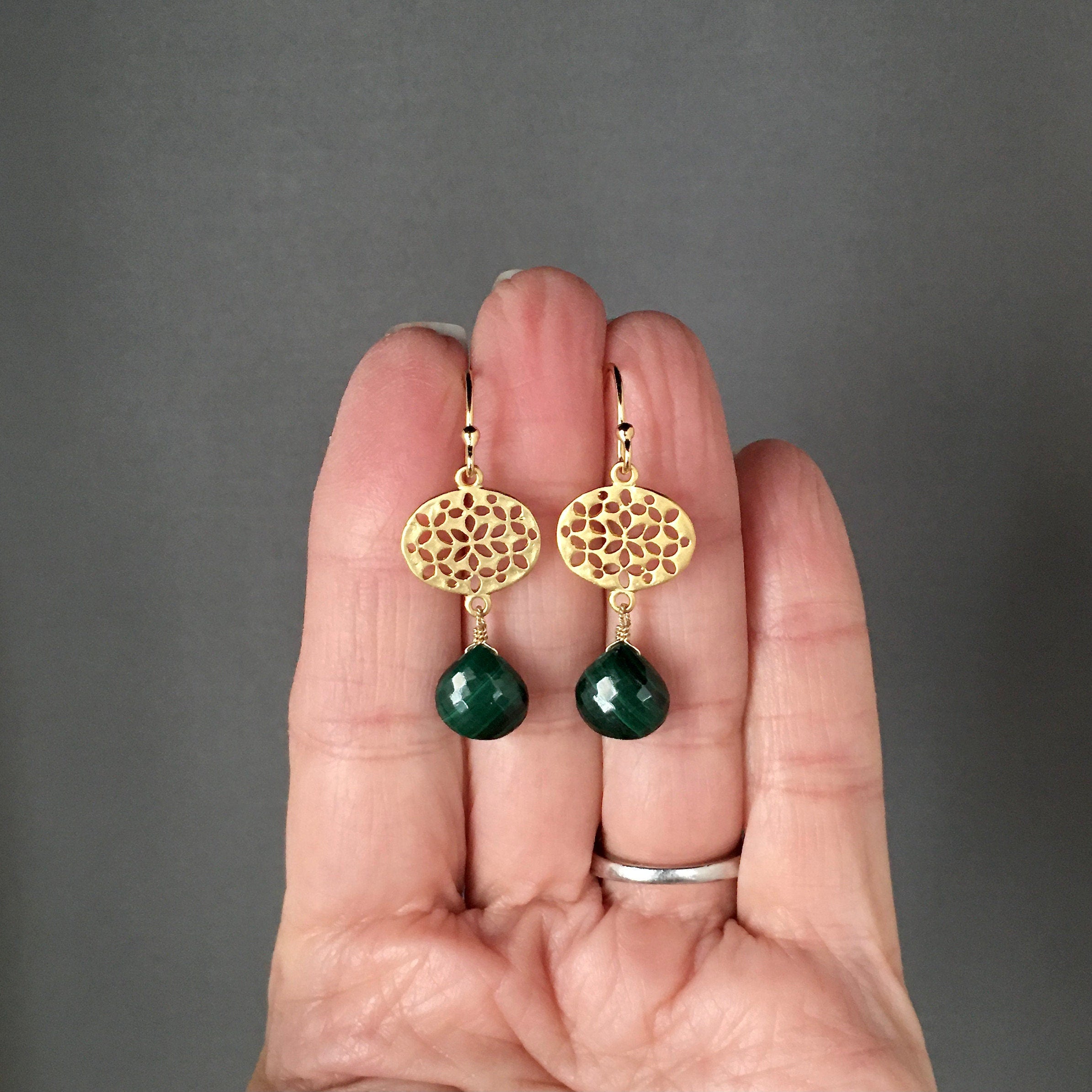 Malachite Teardrop Earrings on Gold Vermeil Filigree Links