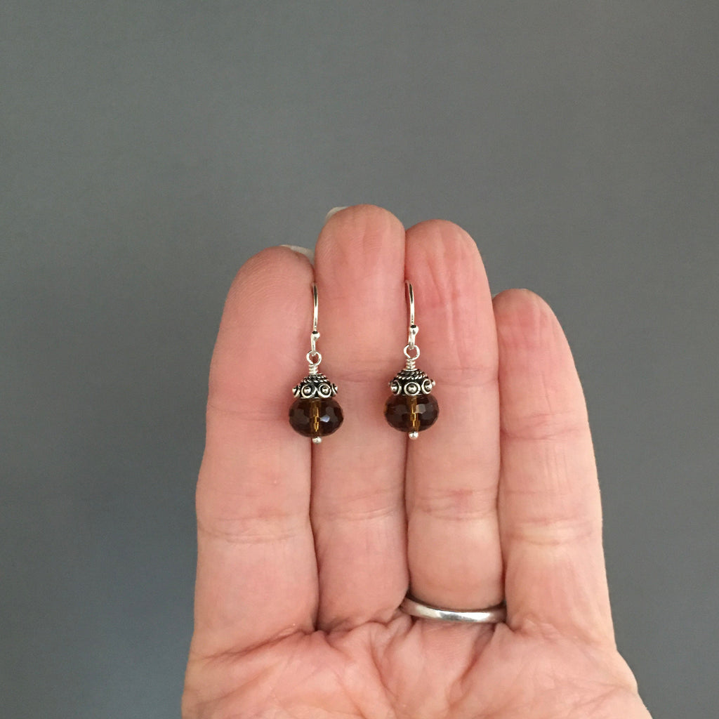 Whiskey Quartz Faceted Button Dangle Earrings with Bali Sterling Silver Caps