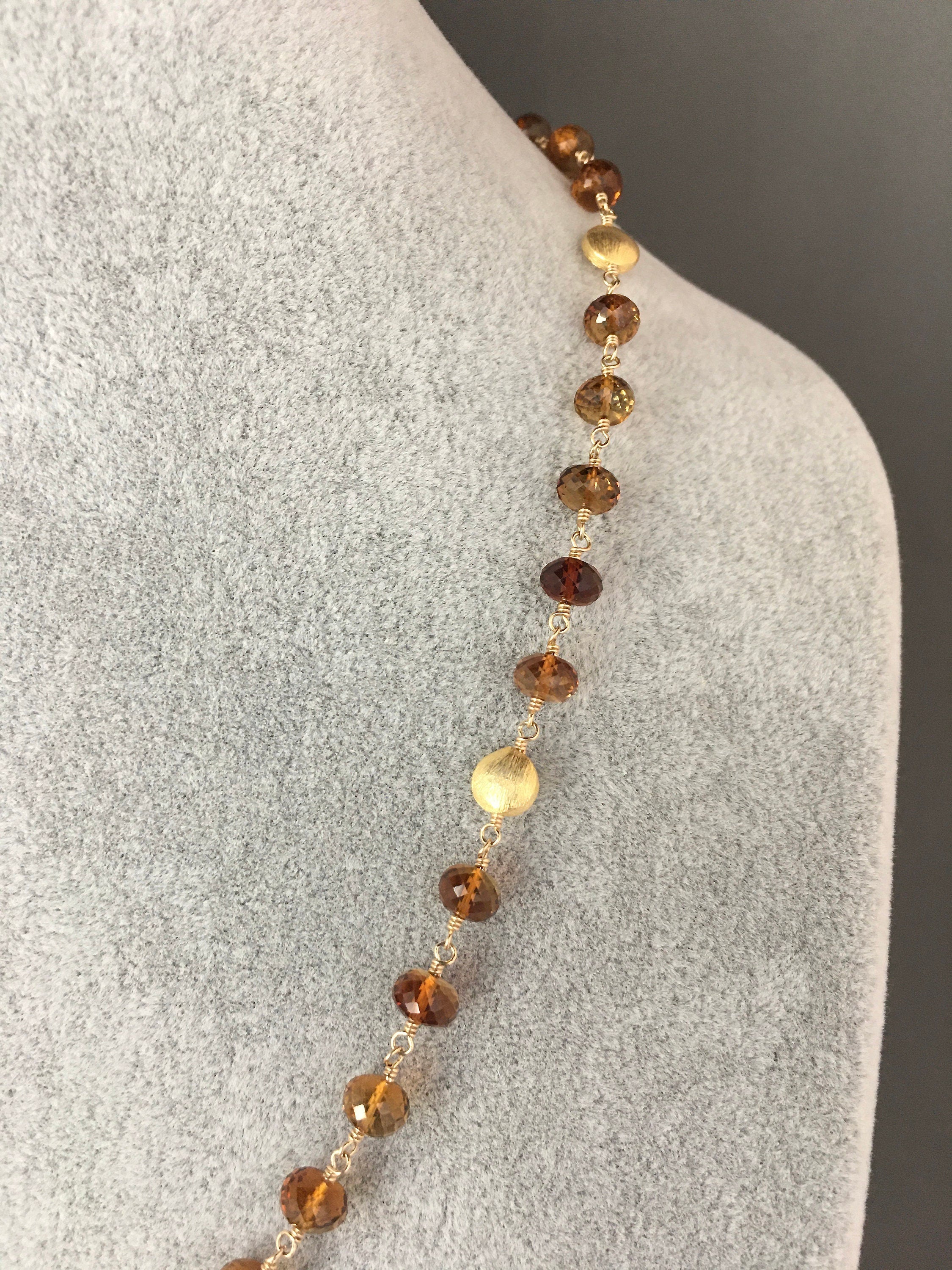 Yellow Tourmaline and Gold Filled Beaded Necklace with Brushed Gold Vermeil Accents