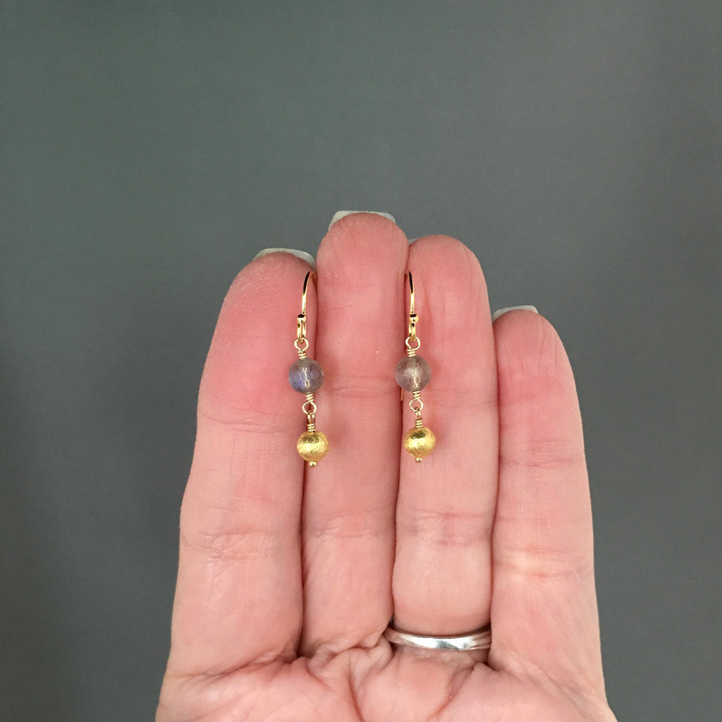 Labradorite and Gold Filled Beaded Necklace with Brushed Gold Vermeil Accents