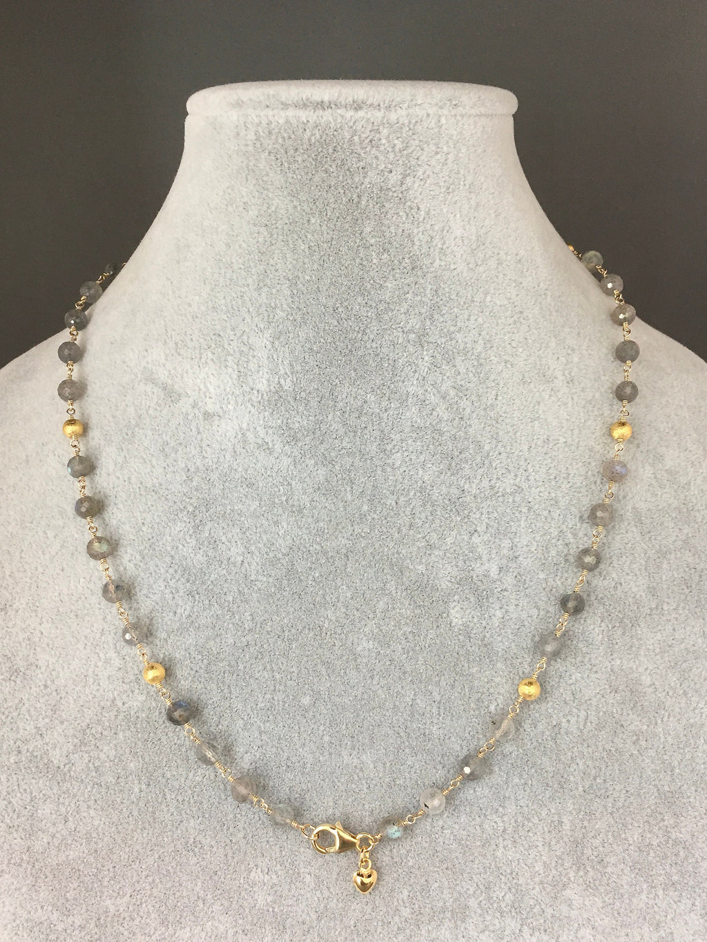 Labradorite and Gold Filled Beaded Necklace with Brushed Gold Vermeil Accents