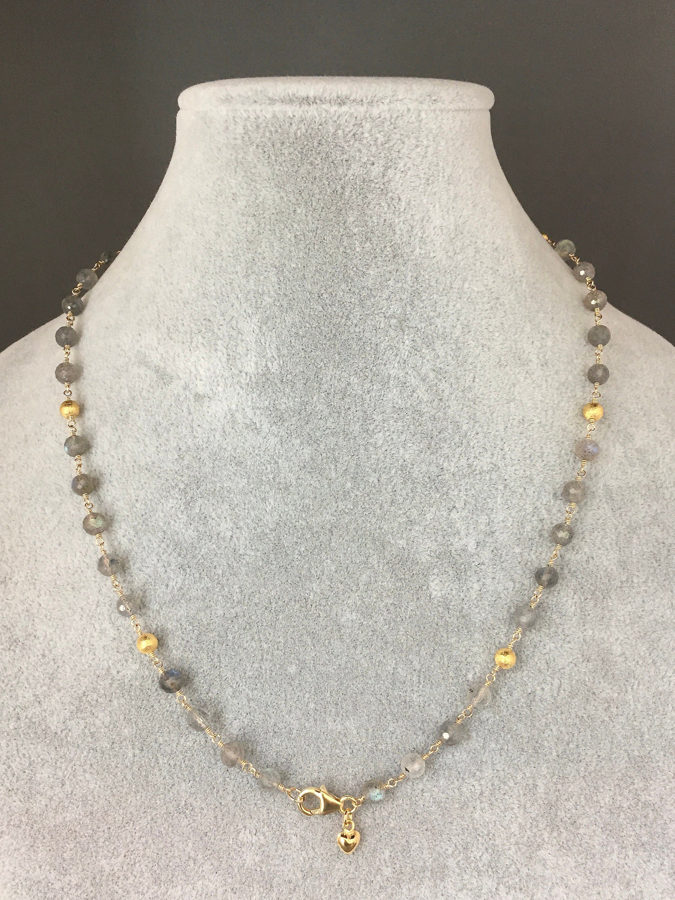 Labradorite and Gold Filled Beaded Necklace with Brushed Gold Vermeil Accents