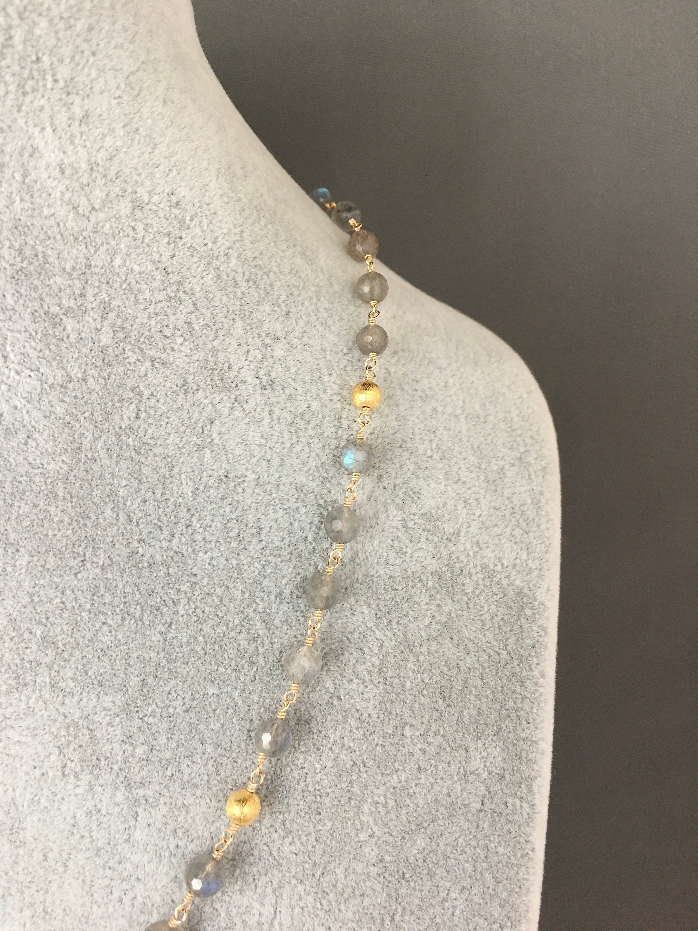 Labradorite and Gold Filled Beaded Necklace with Brushed Gold Vermeil Accents