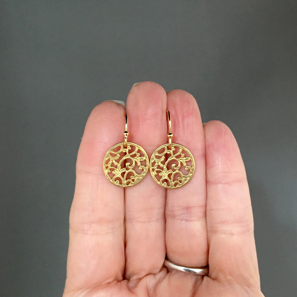 Matte Gold Vermeil Filigree Round Charm Dangle Earrings