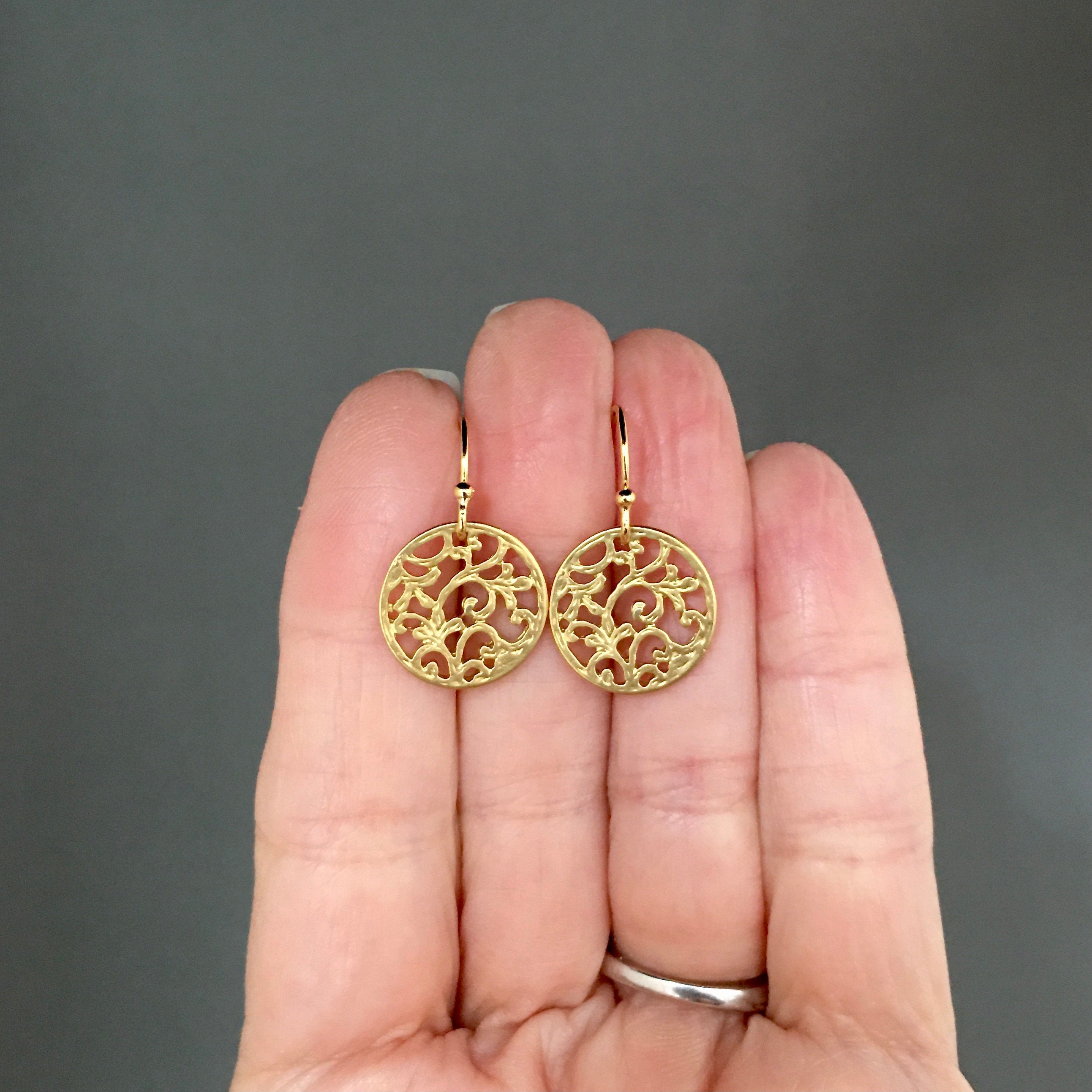 Matte Gold Vermeil Filigree Round Charm Dangle Earrings