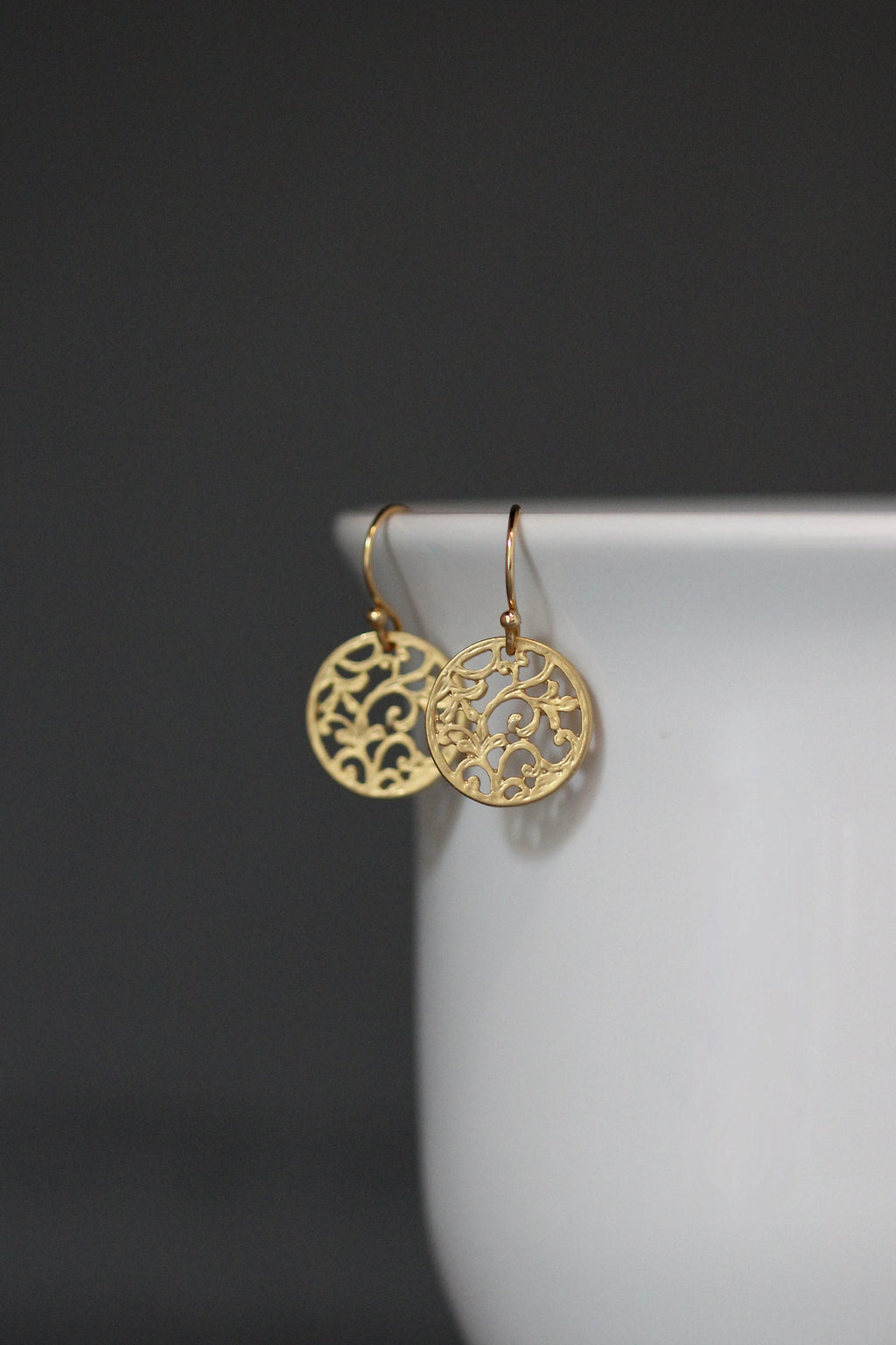 Matte Gold Vermeil Filigree Round Charm Dangle Earrings