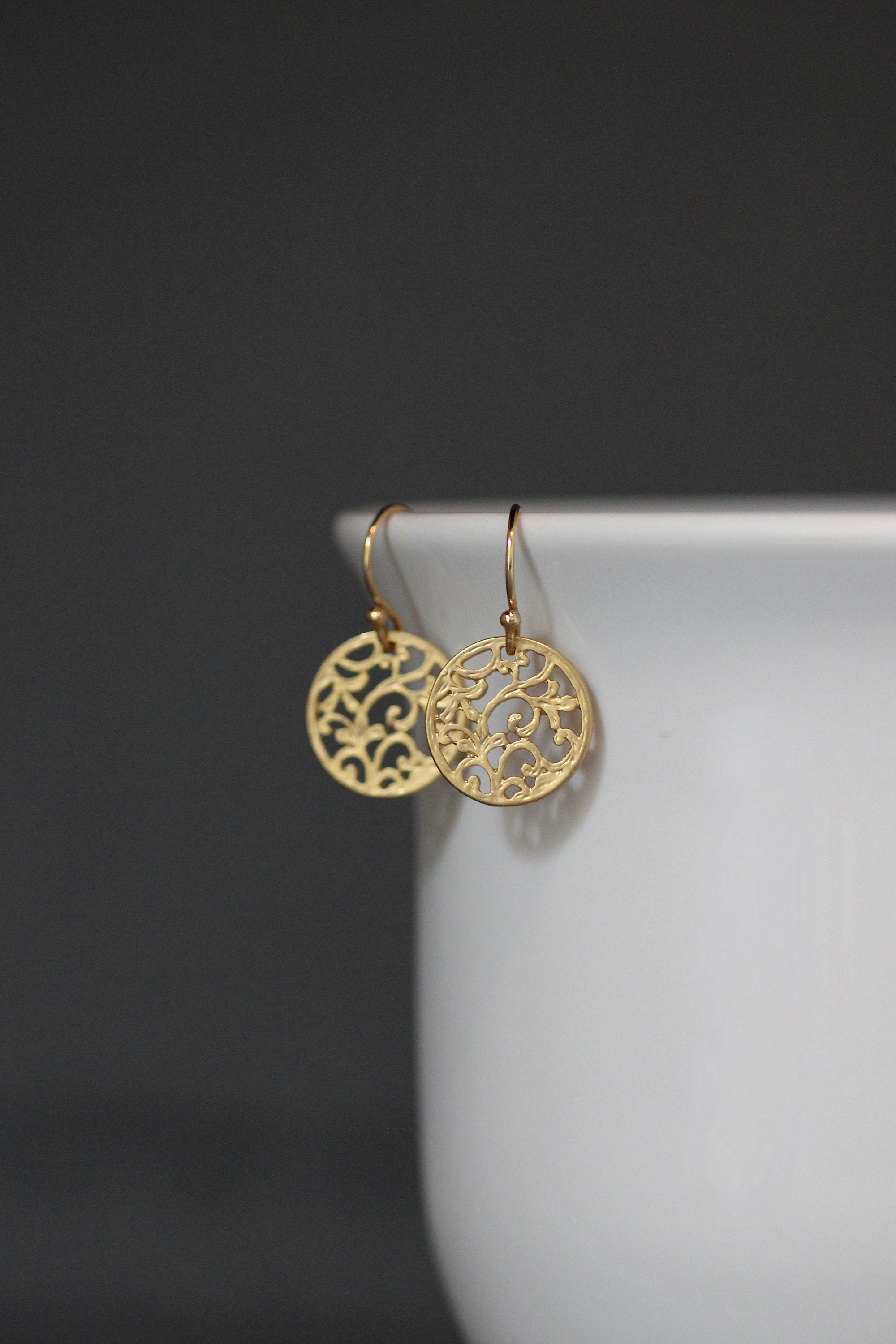 Matte Gold Vermeil Filigree Round Charm Dangle Earrings