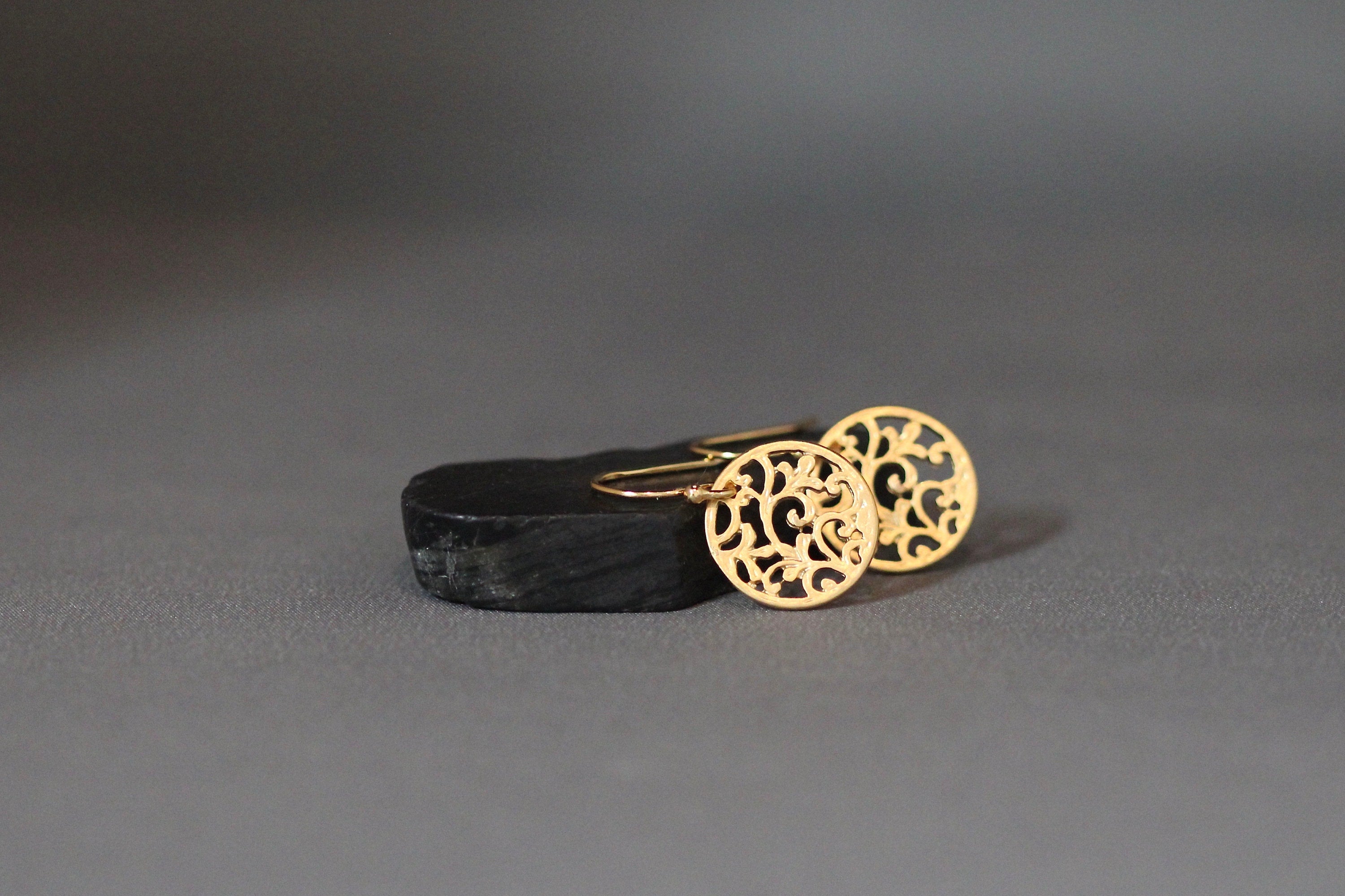 Matte Gold Vermeil Filigree Round Charm Dangle Earrings