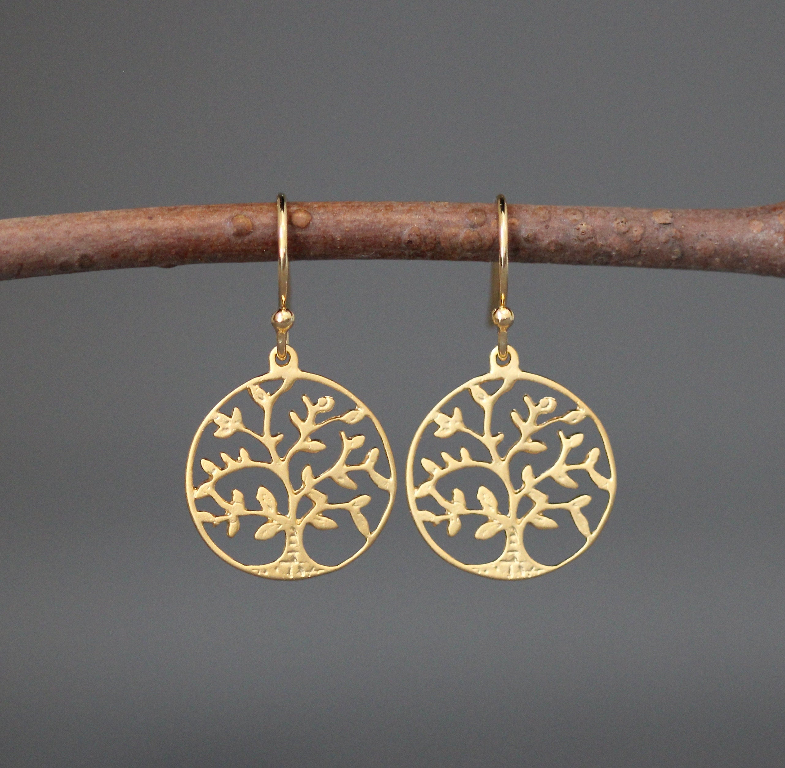 Matte Gold Vermeil Tree of Life Dangle Earrings
