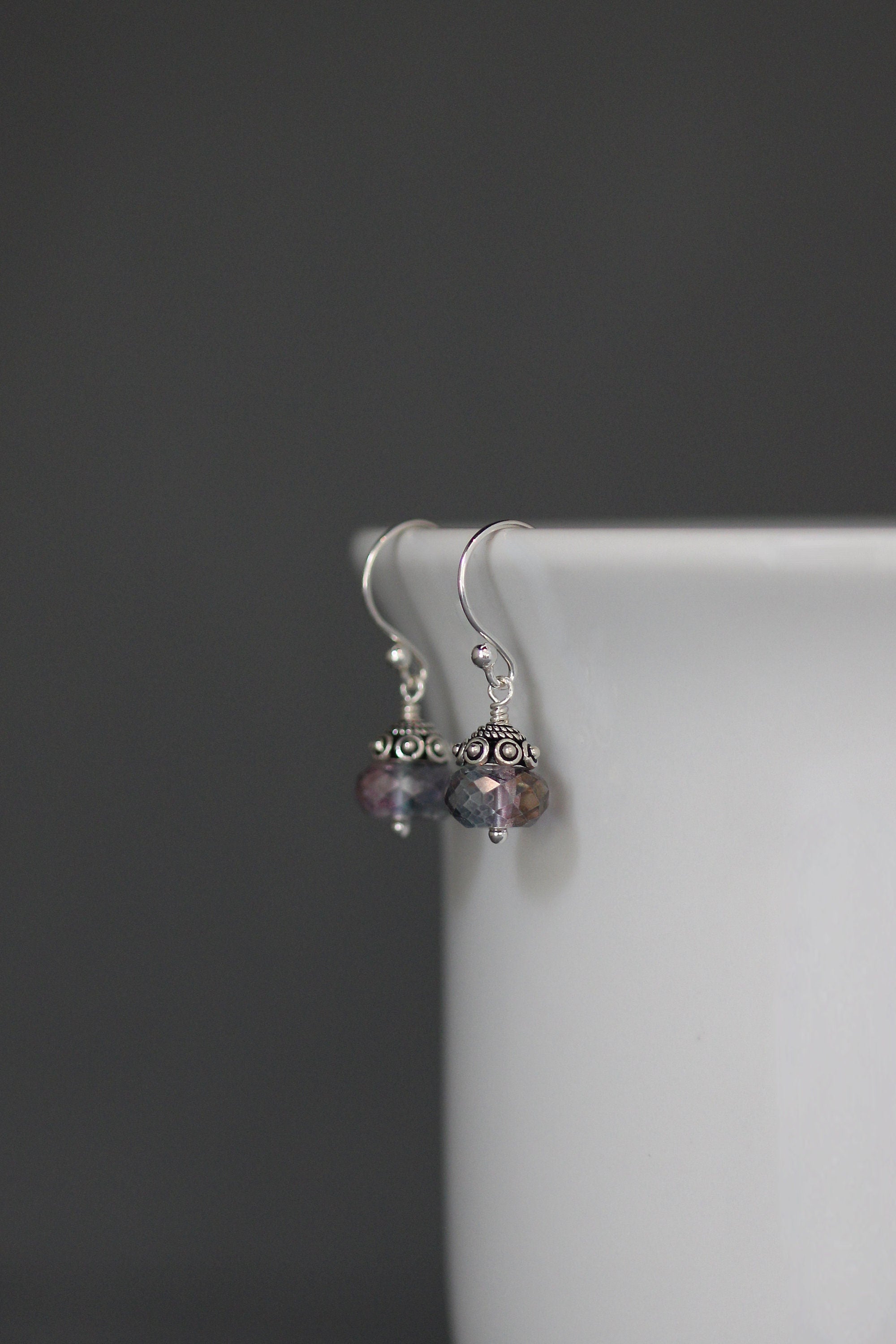 Rainbow Mystic Quartz Crystal Dangle Earrings with Bali Silver Caps