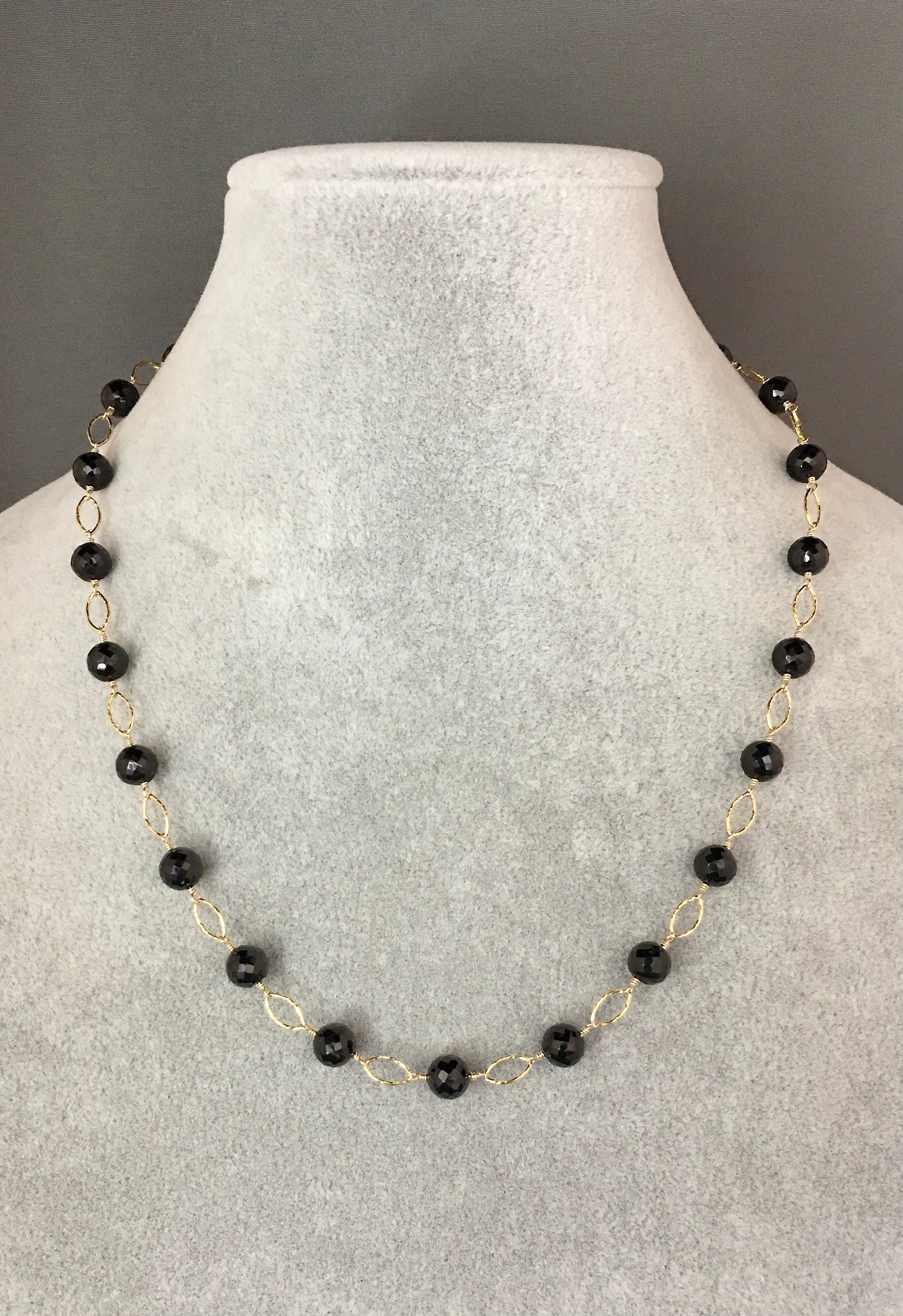 Black Spinel Station Necklace with Gold Vermeil Links and Gold Filled Chain