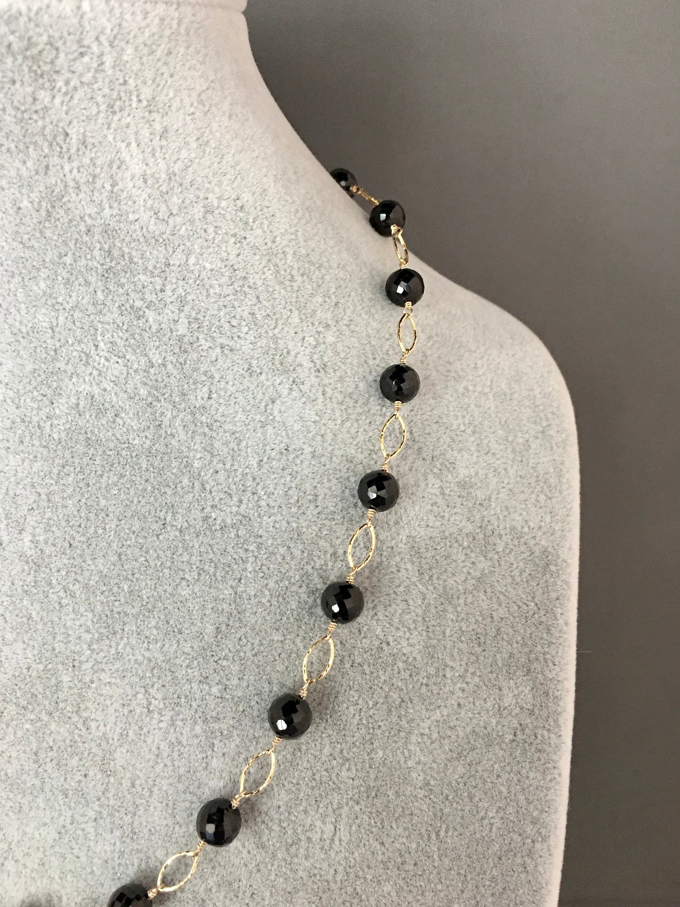 Black Spinel Station Necklace with Gold Vermeil Links and Gold Filled Chain