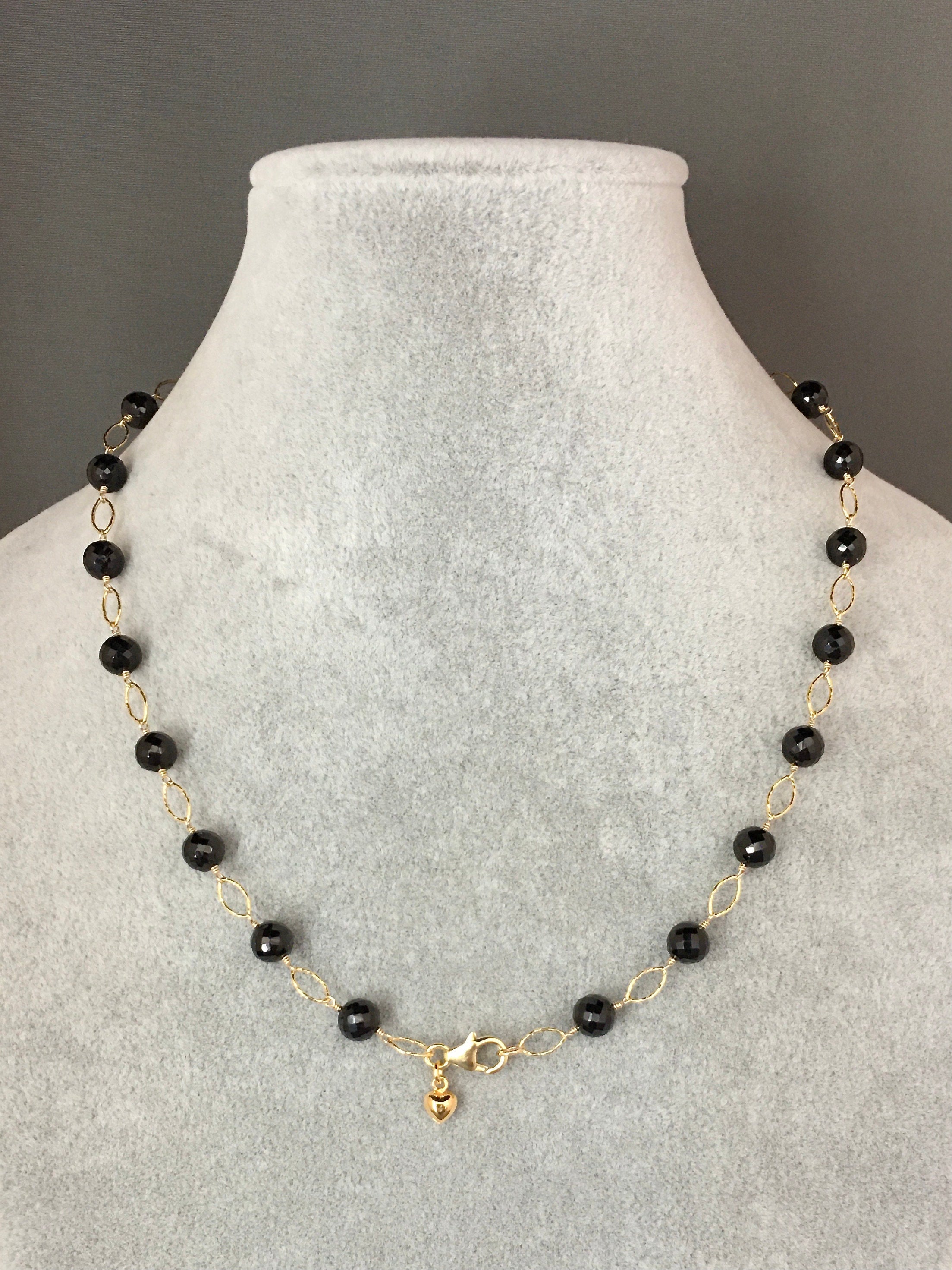 Black Spinel Station Necklace with Gold Vermeil Links and Gold Filled Chain