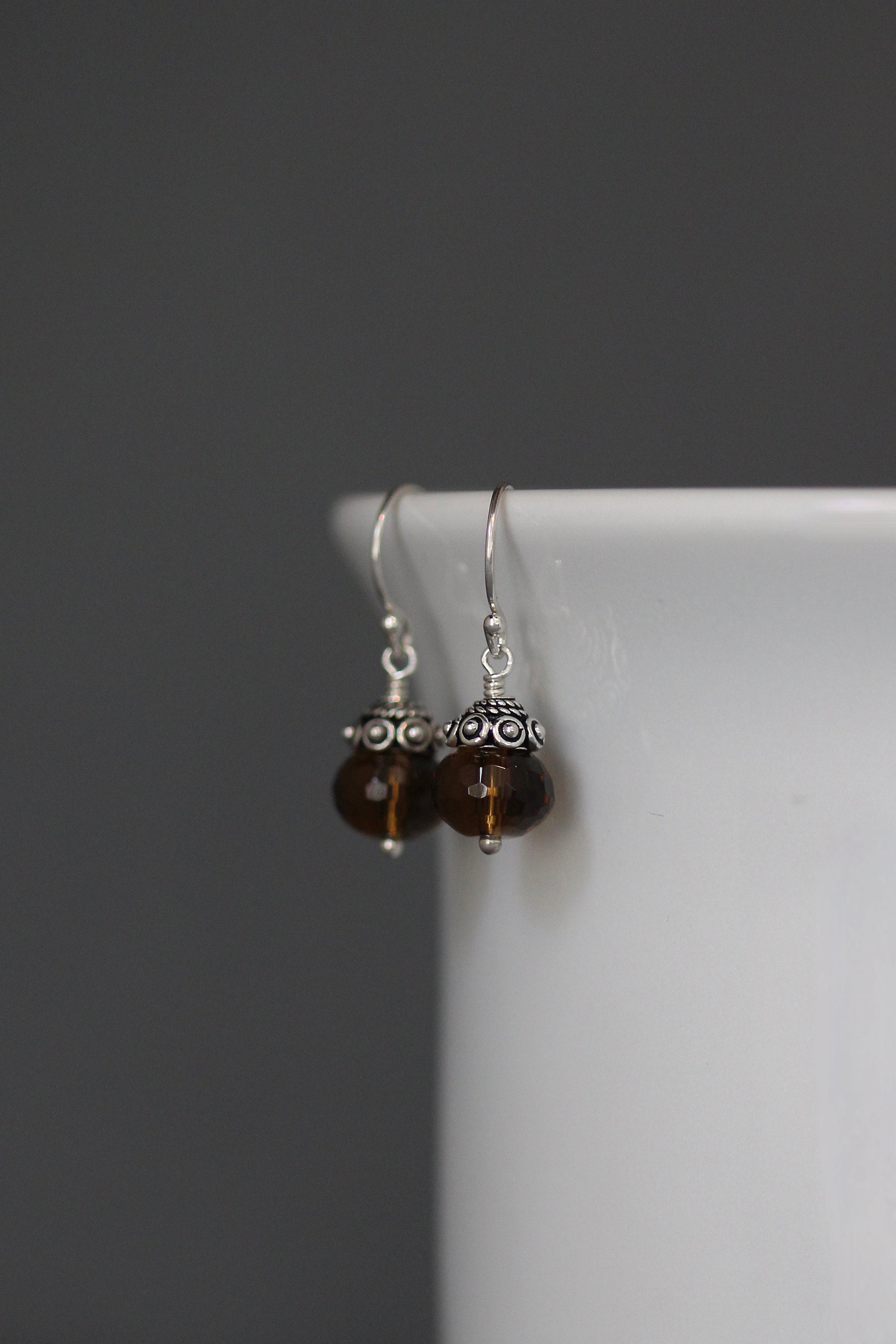 Whiskey Quartz Faceted Button Dangle Earrings with Bali Sterling Silver Caps