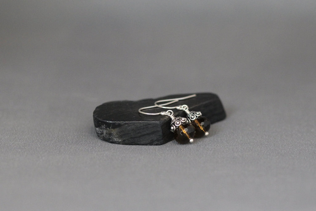 Whiskey Quartz Faceted Button Dangle Earrings with Bali Sterling Silver Caps