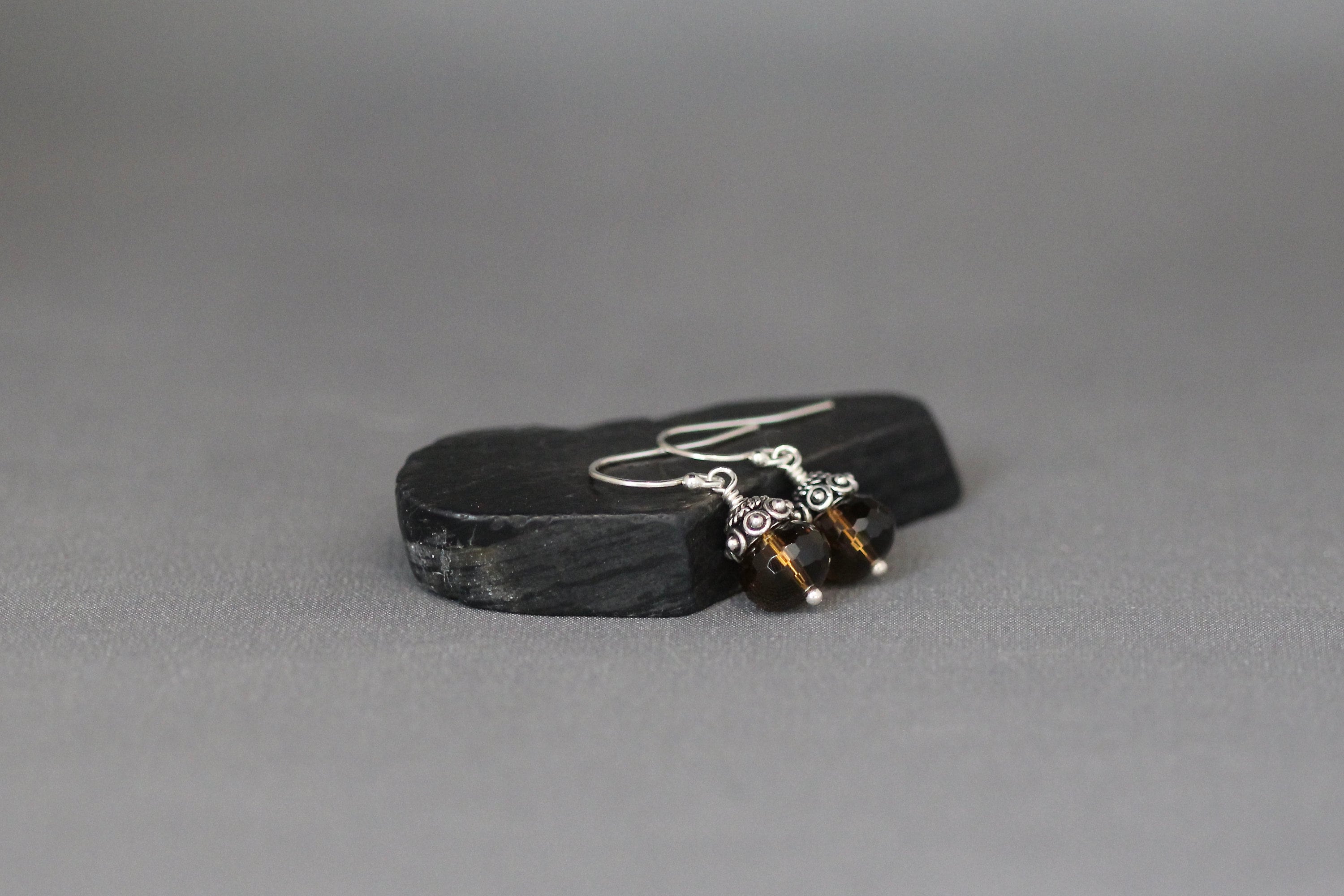 Whiskey Quartz Faceted Button Dangle Earrings with Bali Sterling Silver Caps