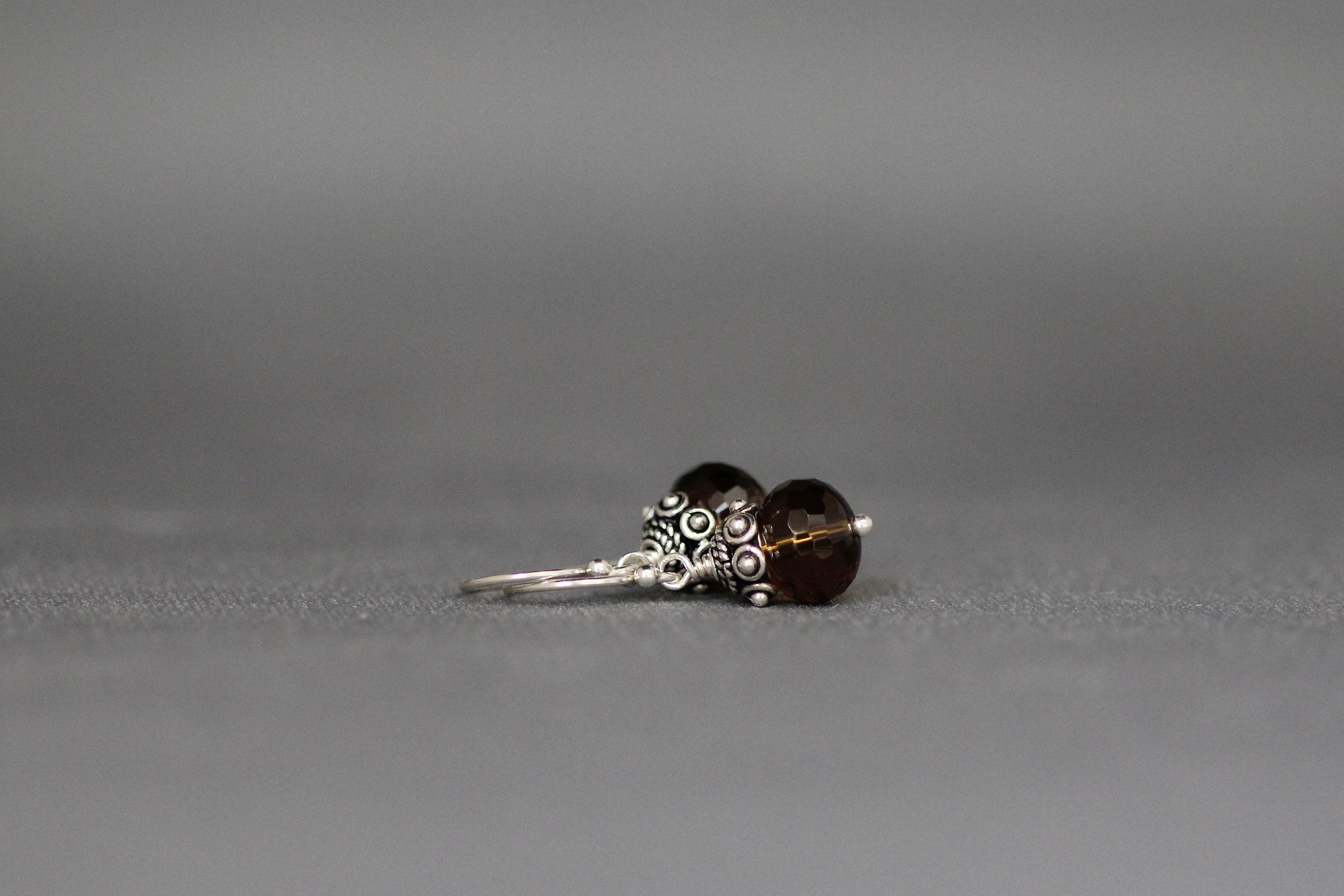 Whiskey Quartz Faceted Button Dangle Earrings with Bali Sterling Silver Caps