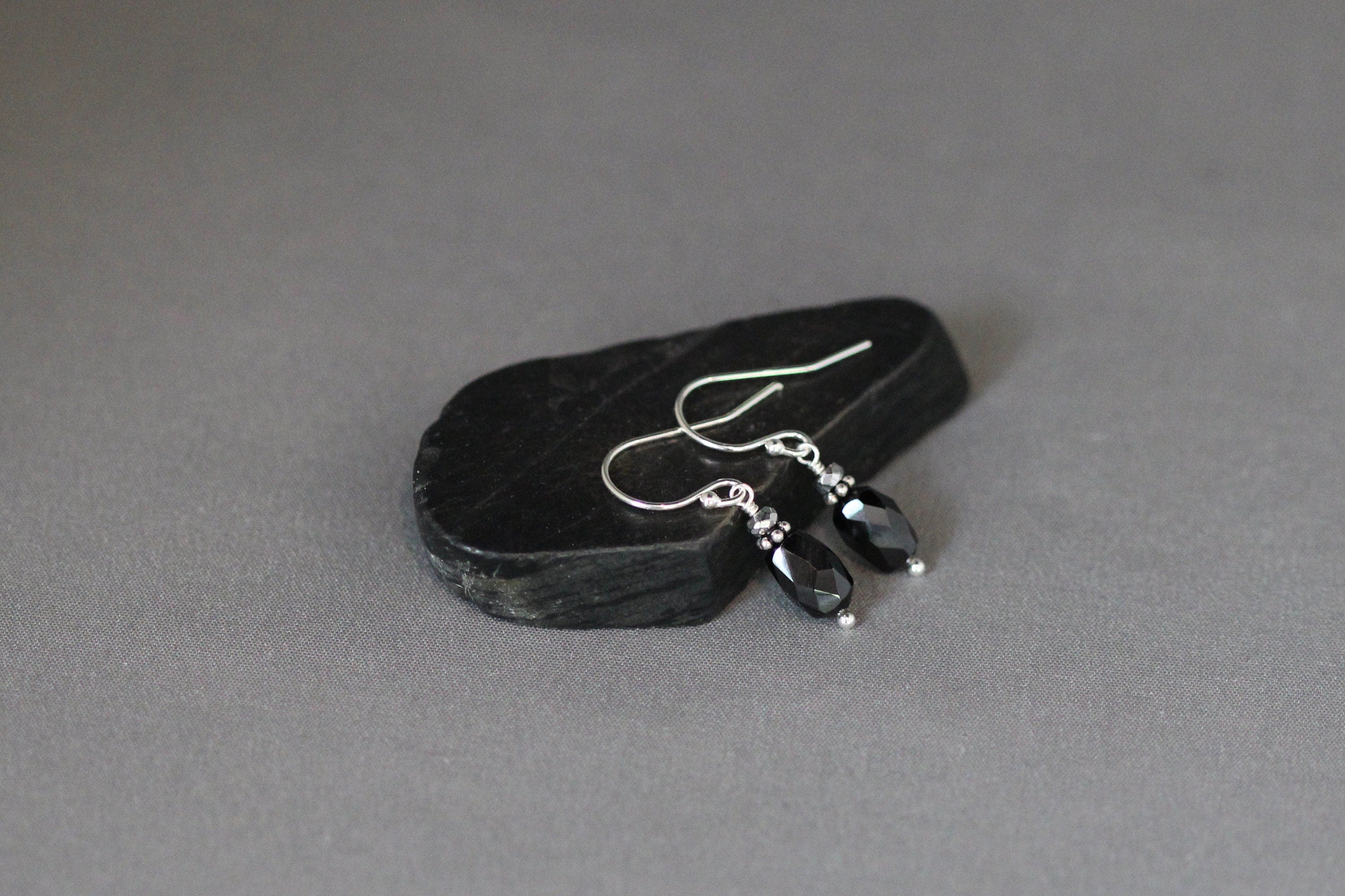 Black Garnet and Hematite Sterling Silver Dangle Earrings