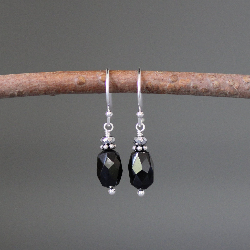 Black Garnet and Hematite Sterling Silver Dangle Earrings