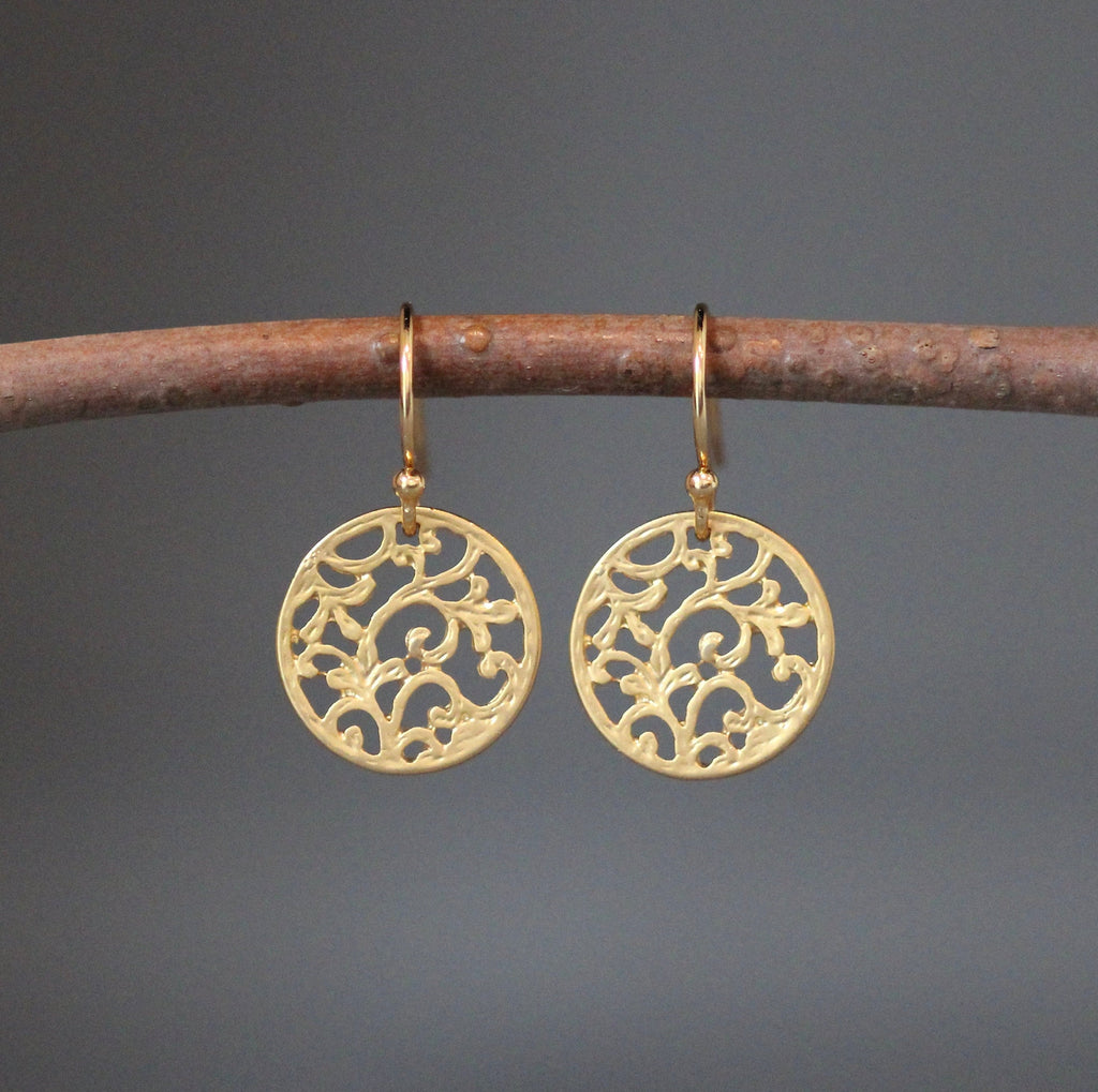 Matte Gold Vermeil Filigree Round Charm Dangle Earrings