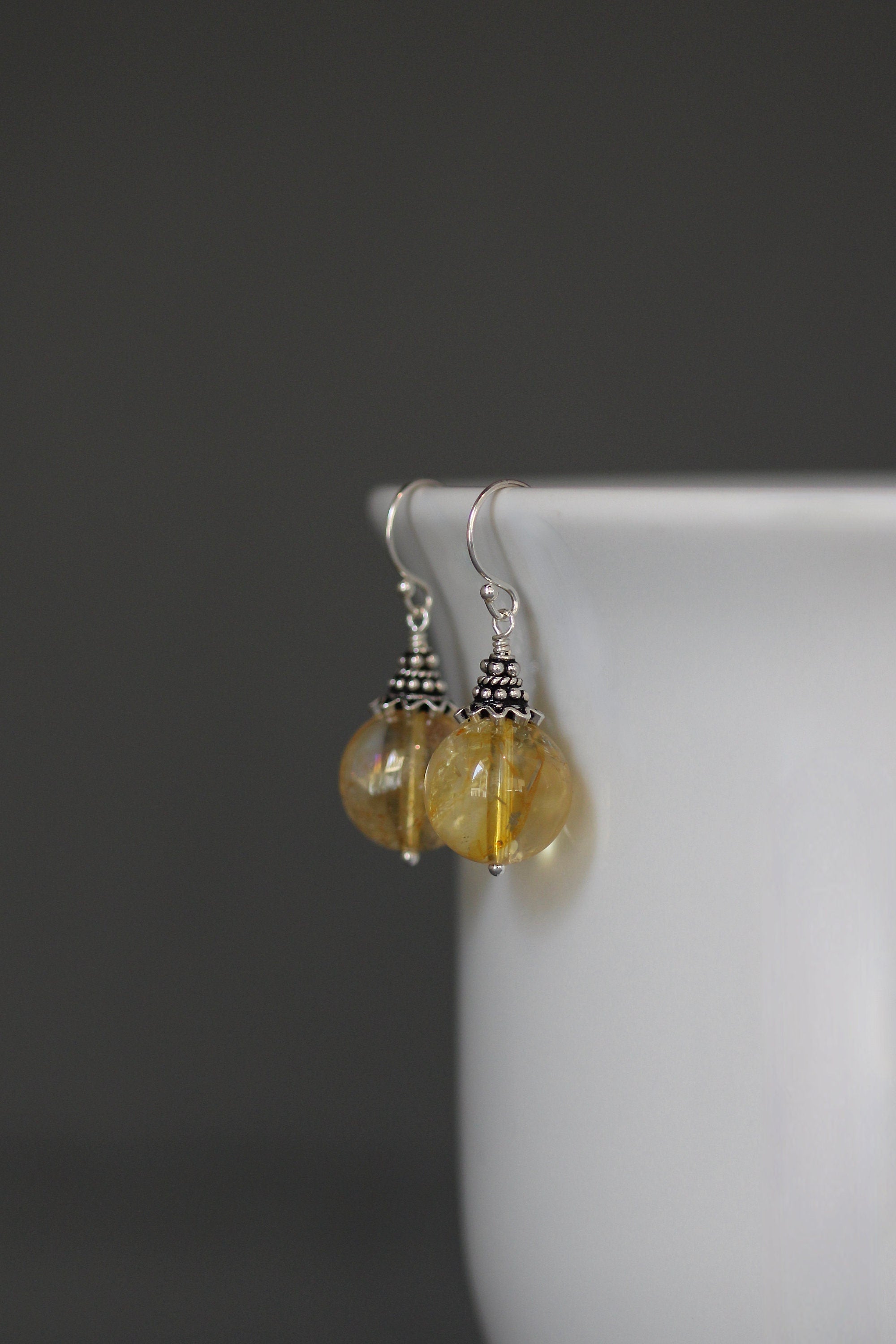 Citrine and Bali Sterling Silver Dangle Earrings with Silver Caps