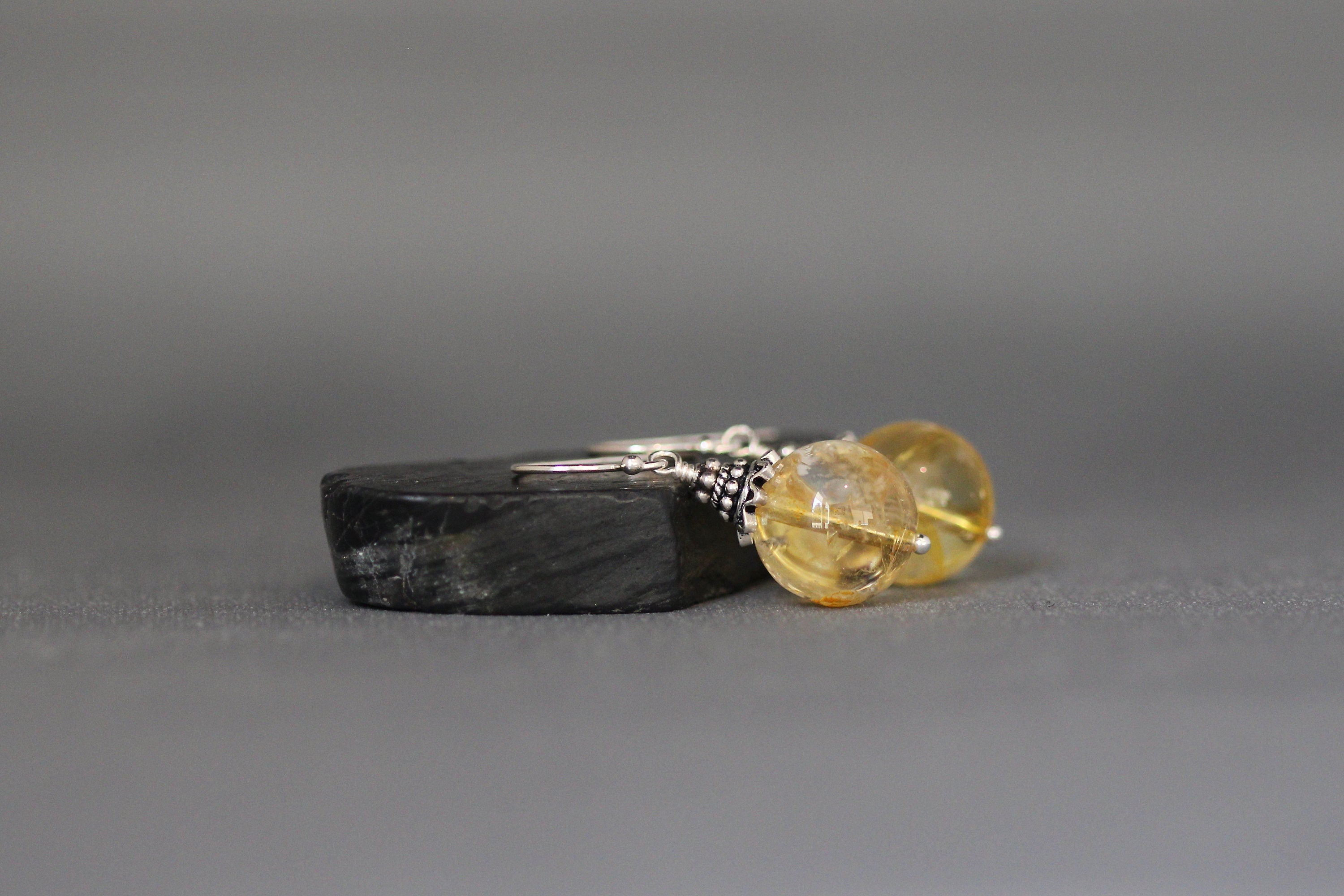Citrine and Bali Sterling Silver Dangle Earrings with Silver Caps