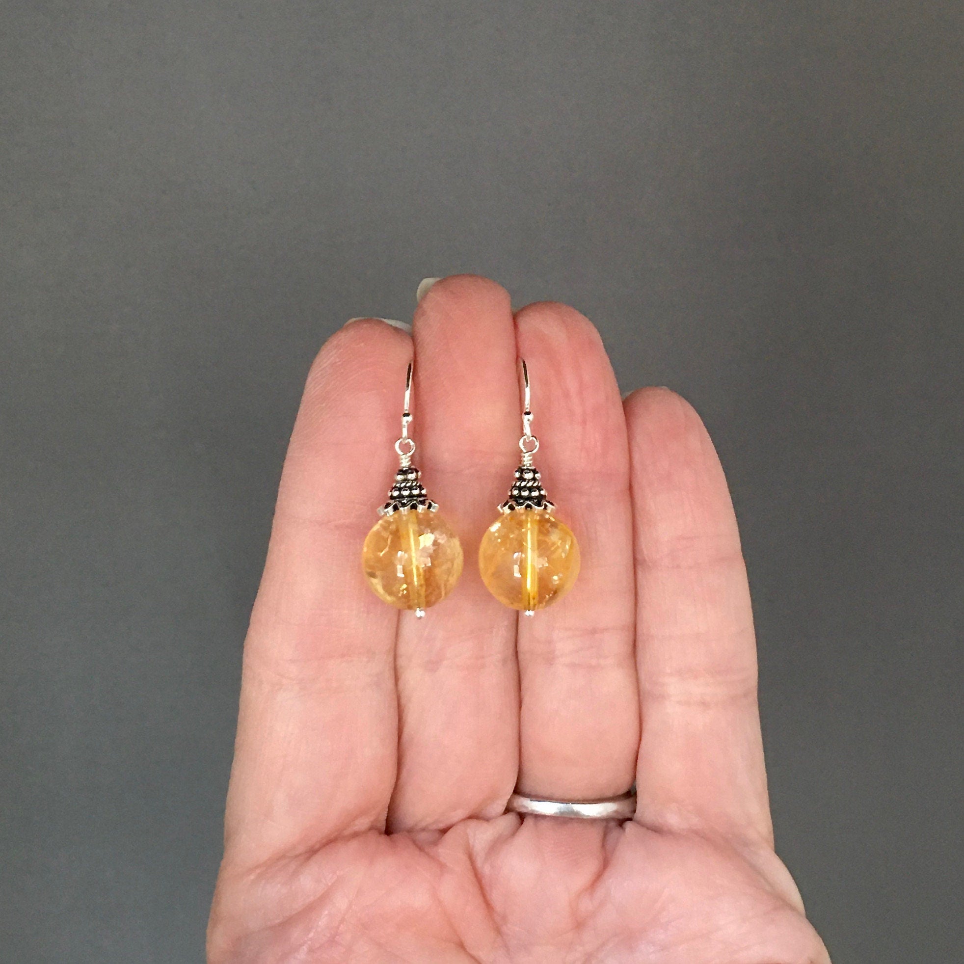 Citrine and Bali Sterling Silver Dangle Earrings with Silver Caps