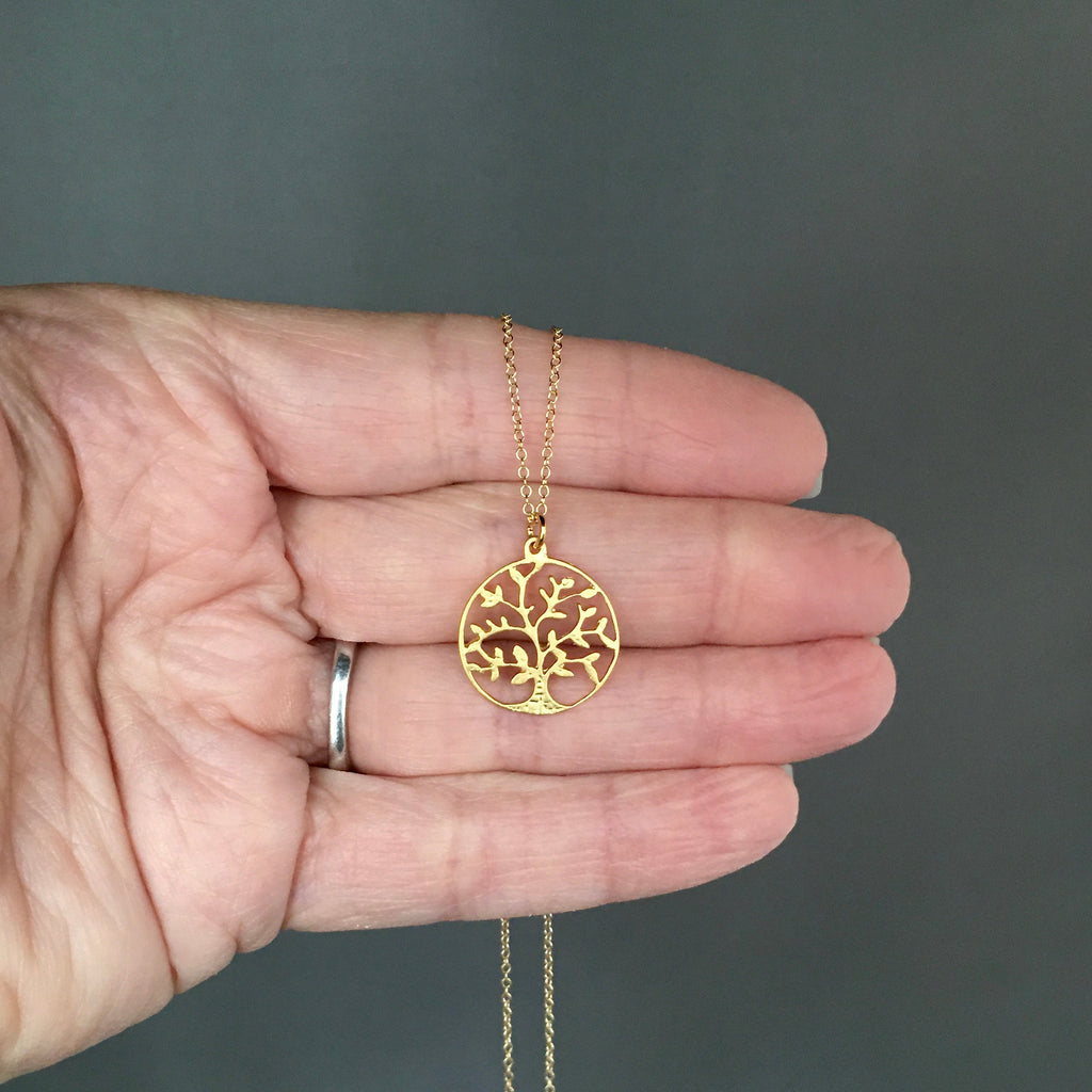 Matte Gold Vermeil Tree of Life Pendant on Gold Filled Chain