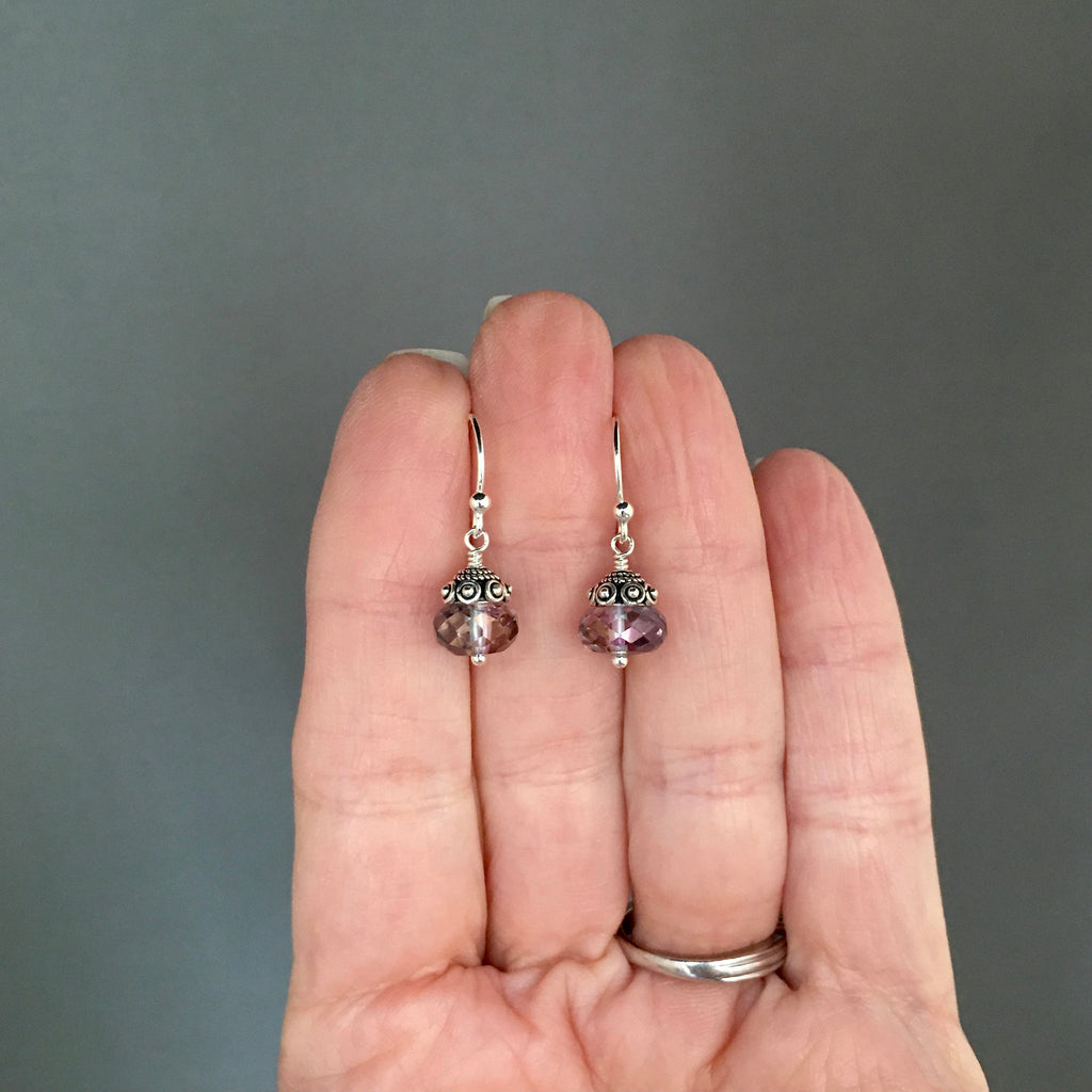 Rainbow Mystic Quartz Crystal Dangle Earrings with Bali Silver Caps