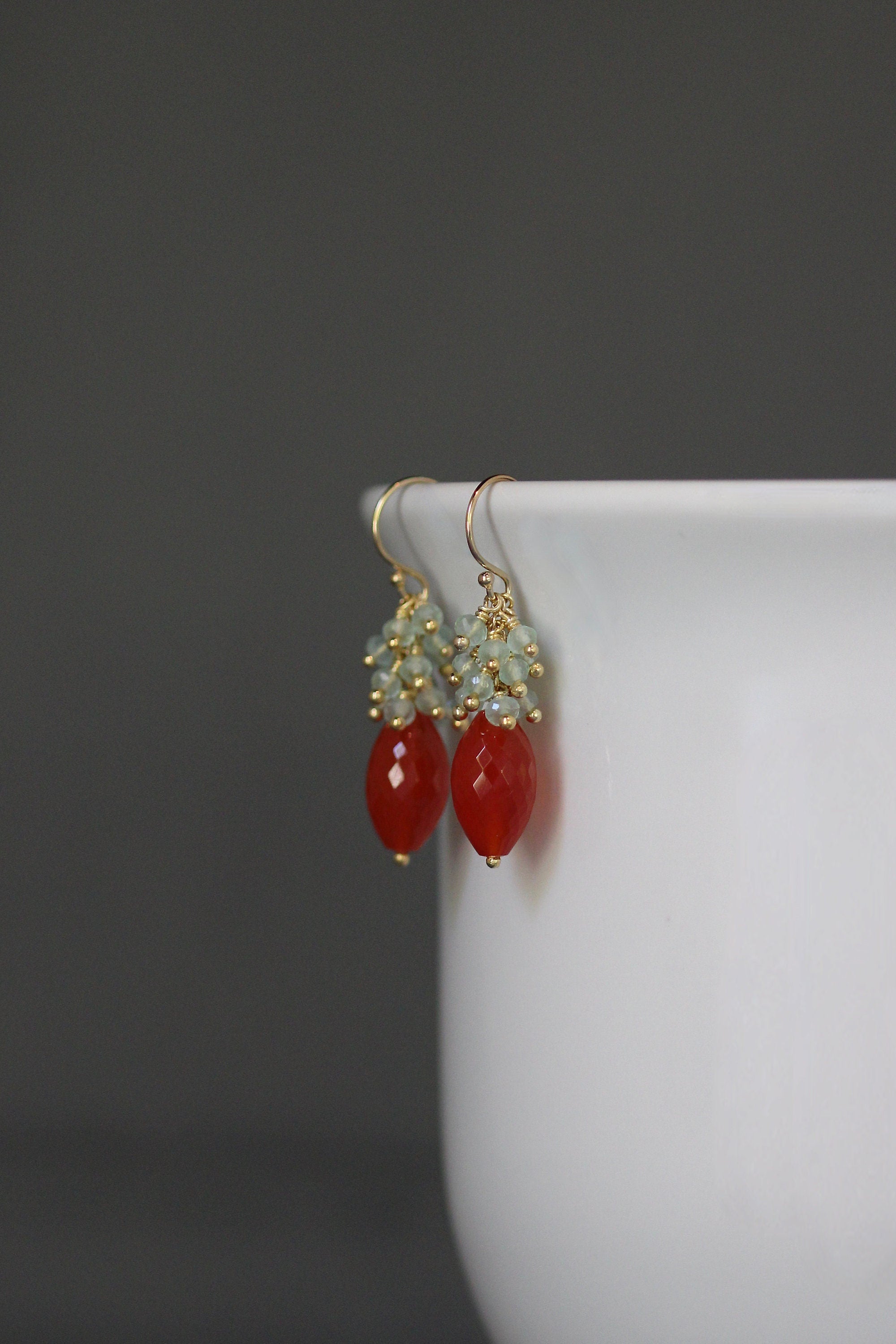 Carnelian and Green Chalcedony Chandelier Earrings in Gold Vermeil