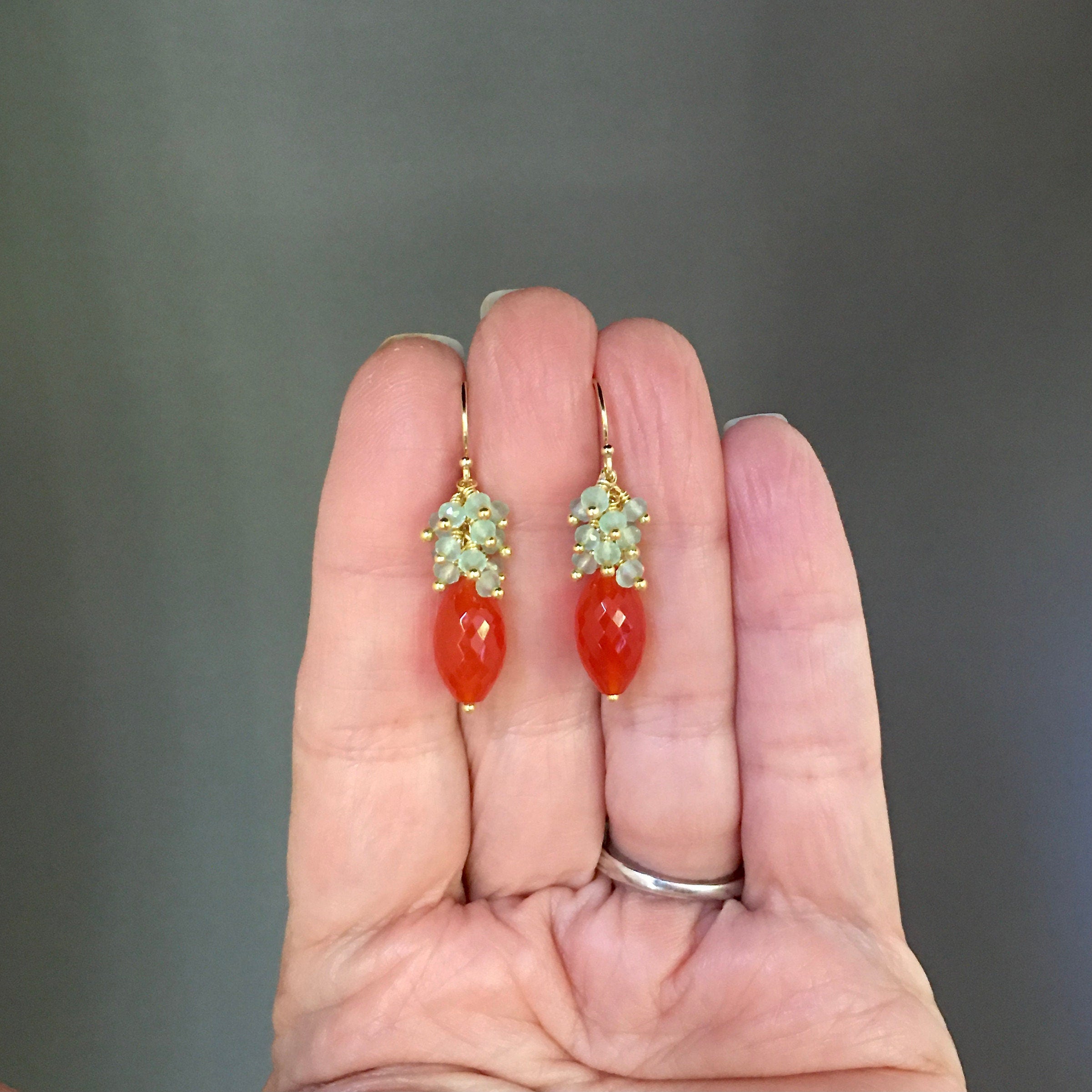 Carnelian and Green Chalcedony Chandelier Earrings in Gold Vermeil