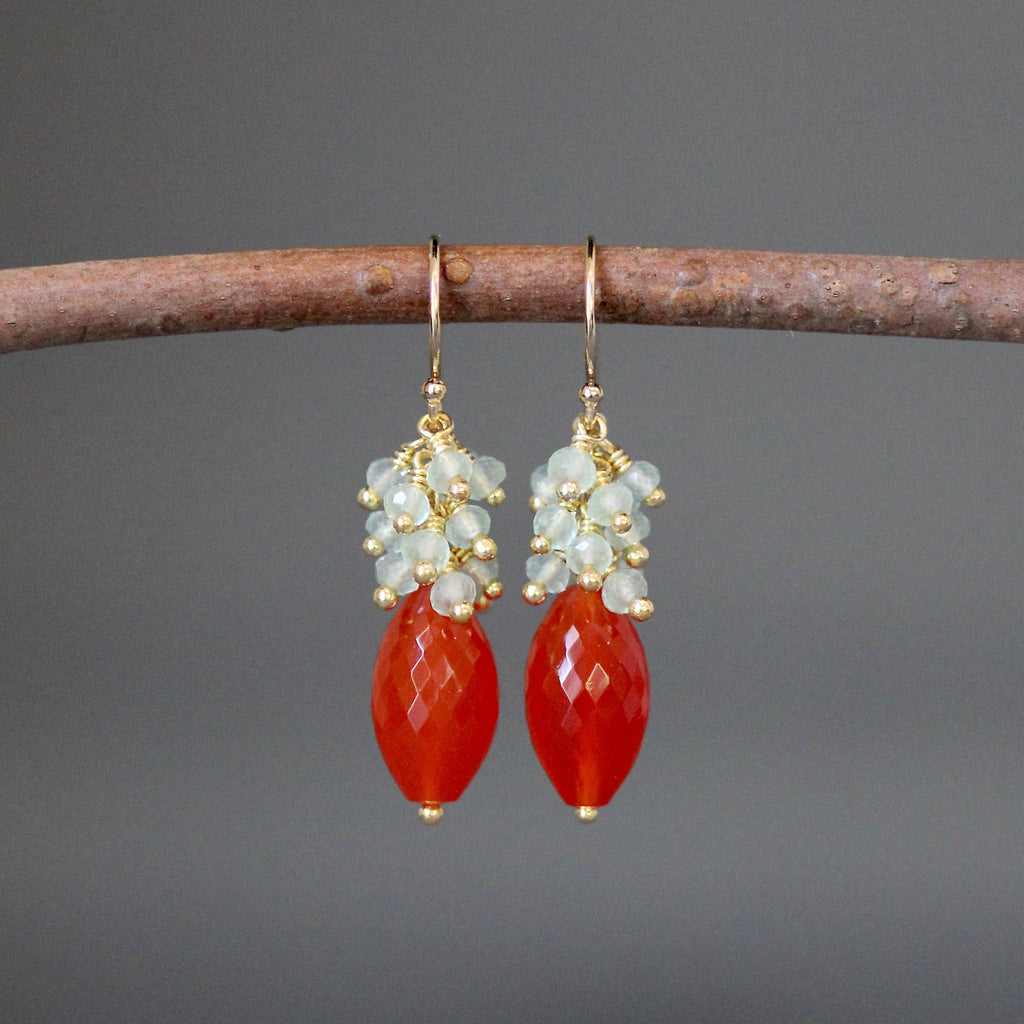 Carnelian and Green Chalcedony Chandelier Earrings in Gold Vermeil