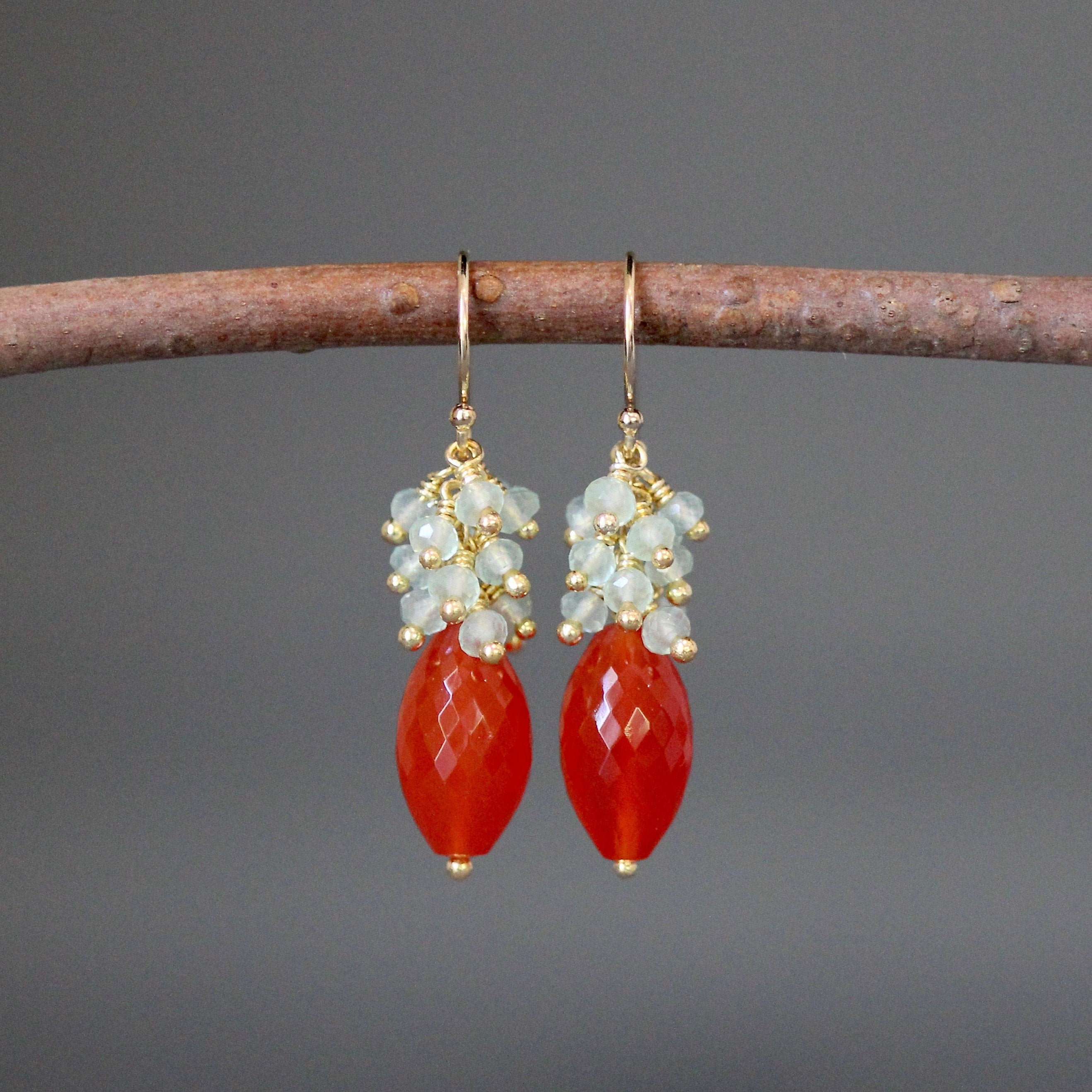 Carnelian and Green Chalcedony Chandelier Earrings in Gold Vermeil