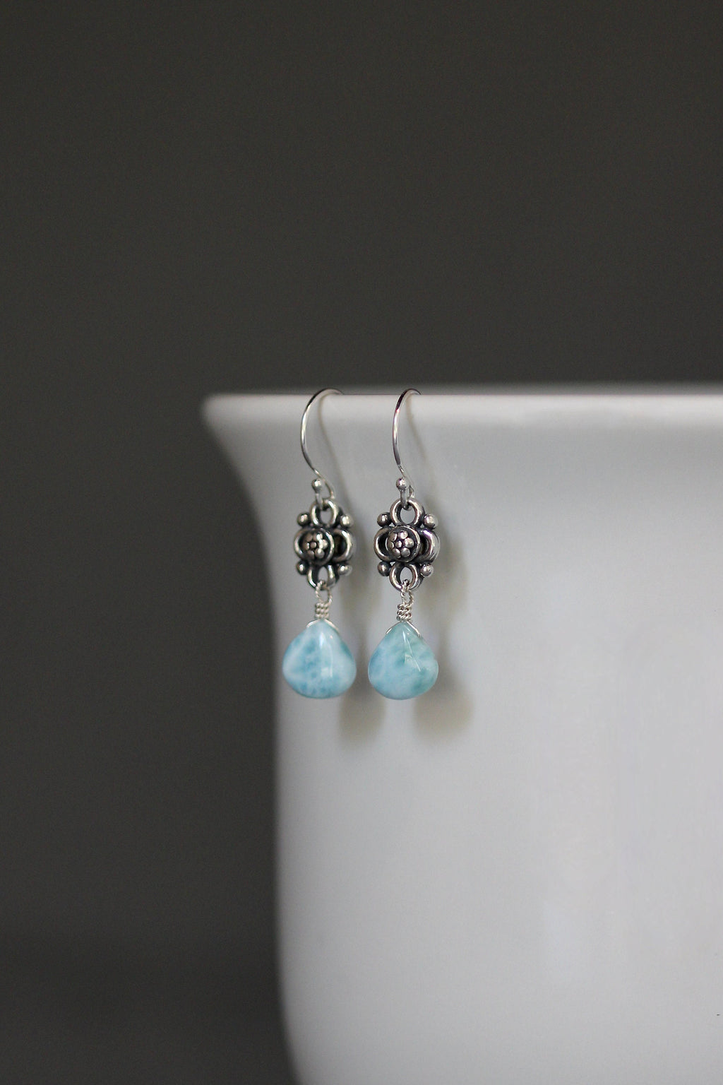 Larimar Teardrop and Bali Sterling Silver Flower Link Dangle Earrings