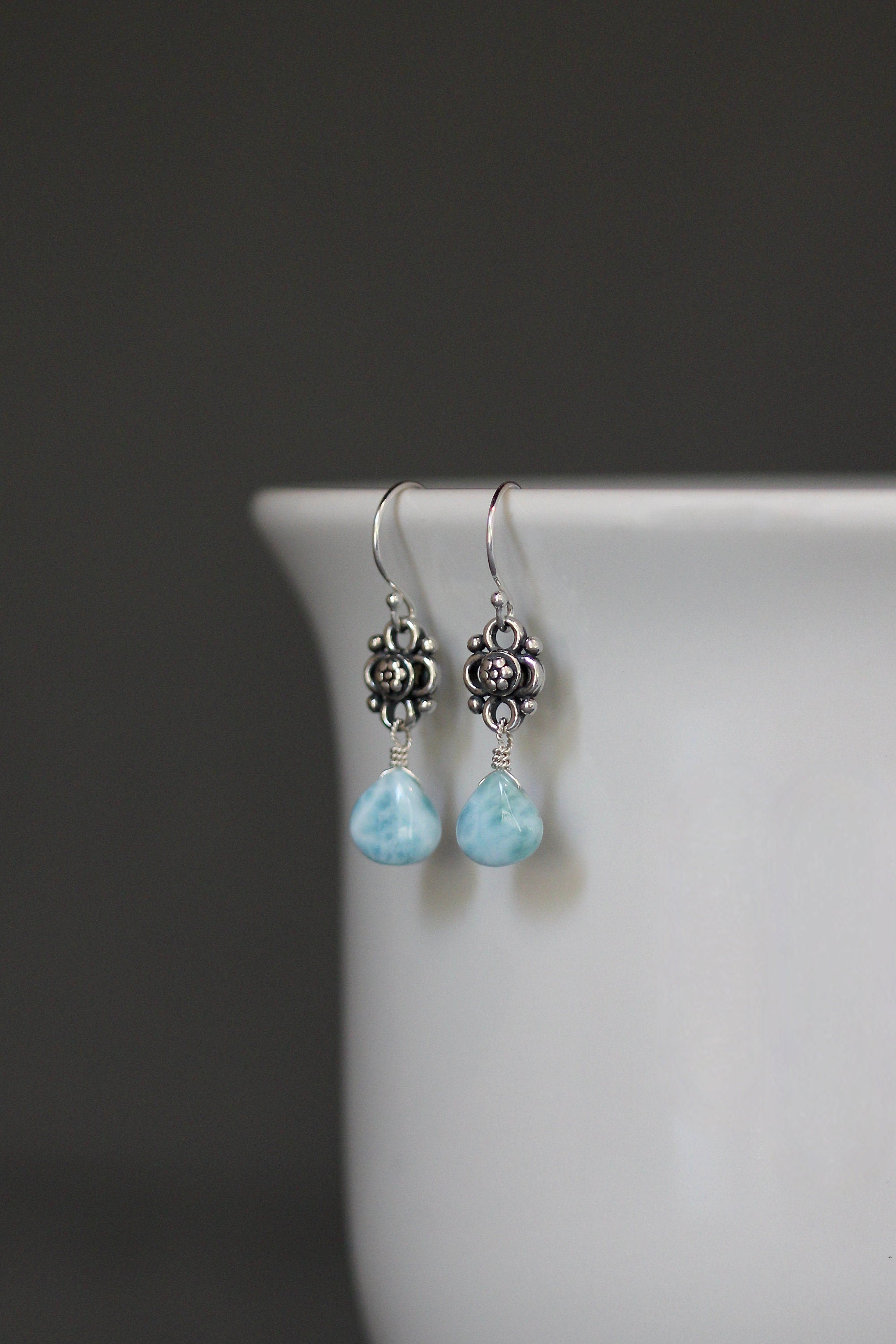 Larimar Teardrop and Bali Sterling Silver Flower Link Dangle Earrings