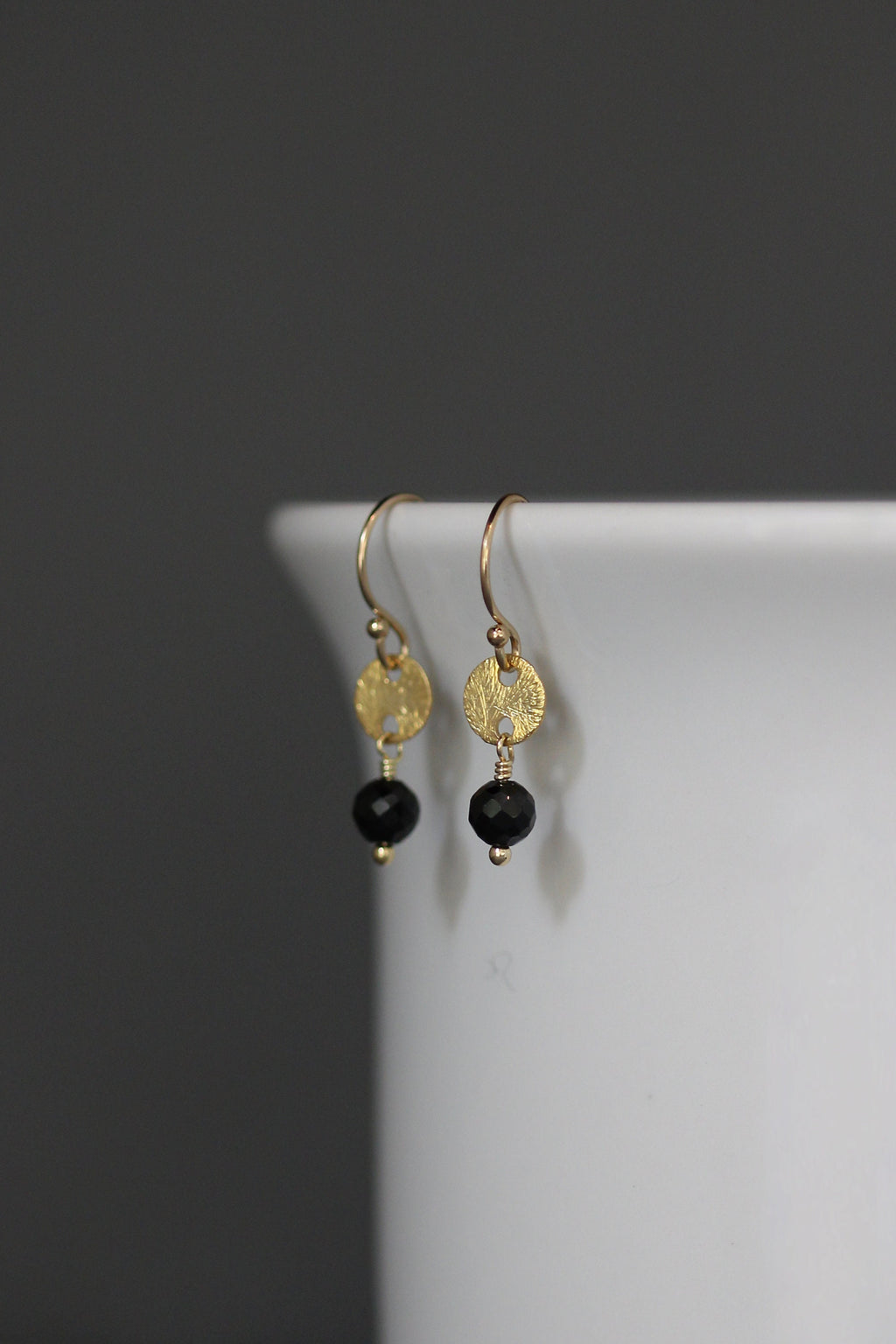 Black Spinel and Brushed Gold Vermeil Disc Dangle Earrings