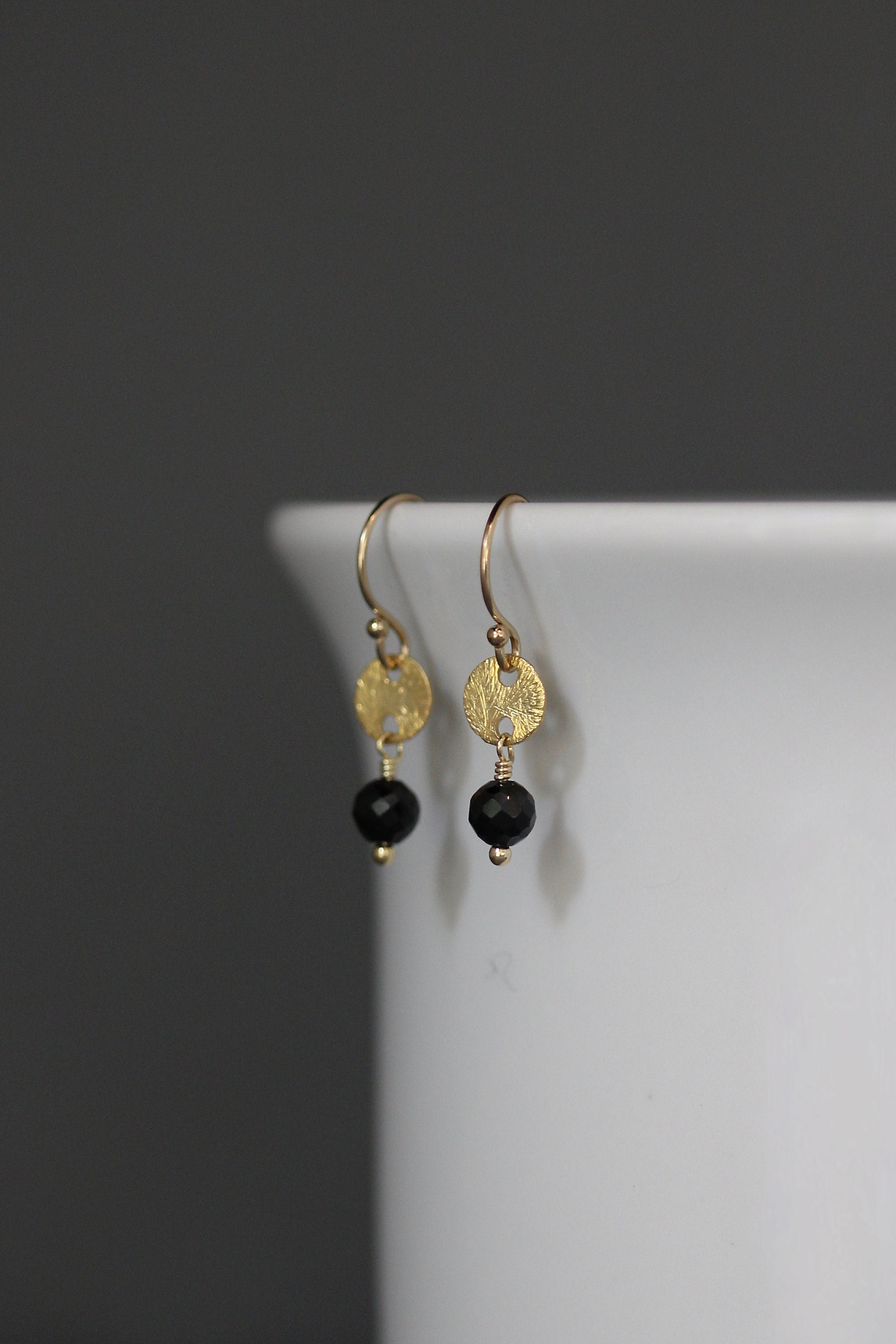 Black Spinel and Brushed Gold Vermeil Disc Dangle Earrings