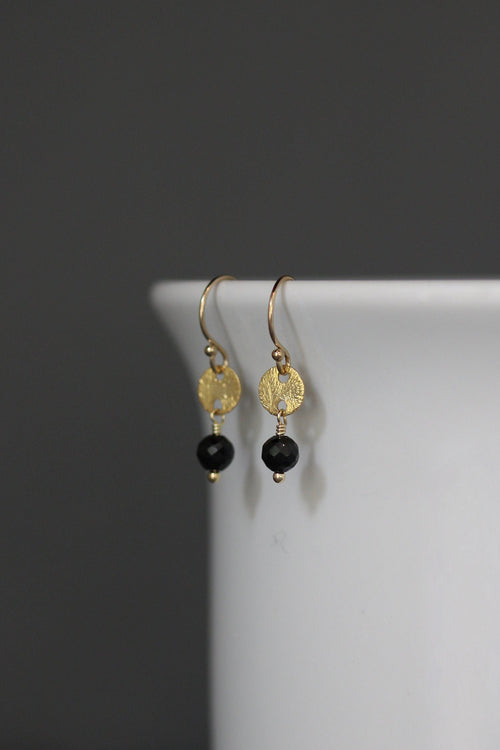 Black Spinel and Brushed Gold Vermeil Disc Dangle Earrings